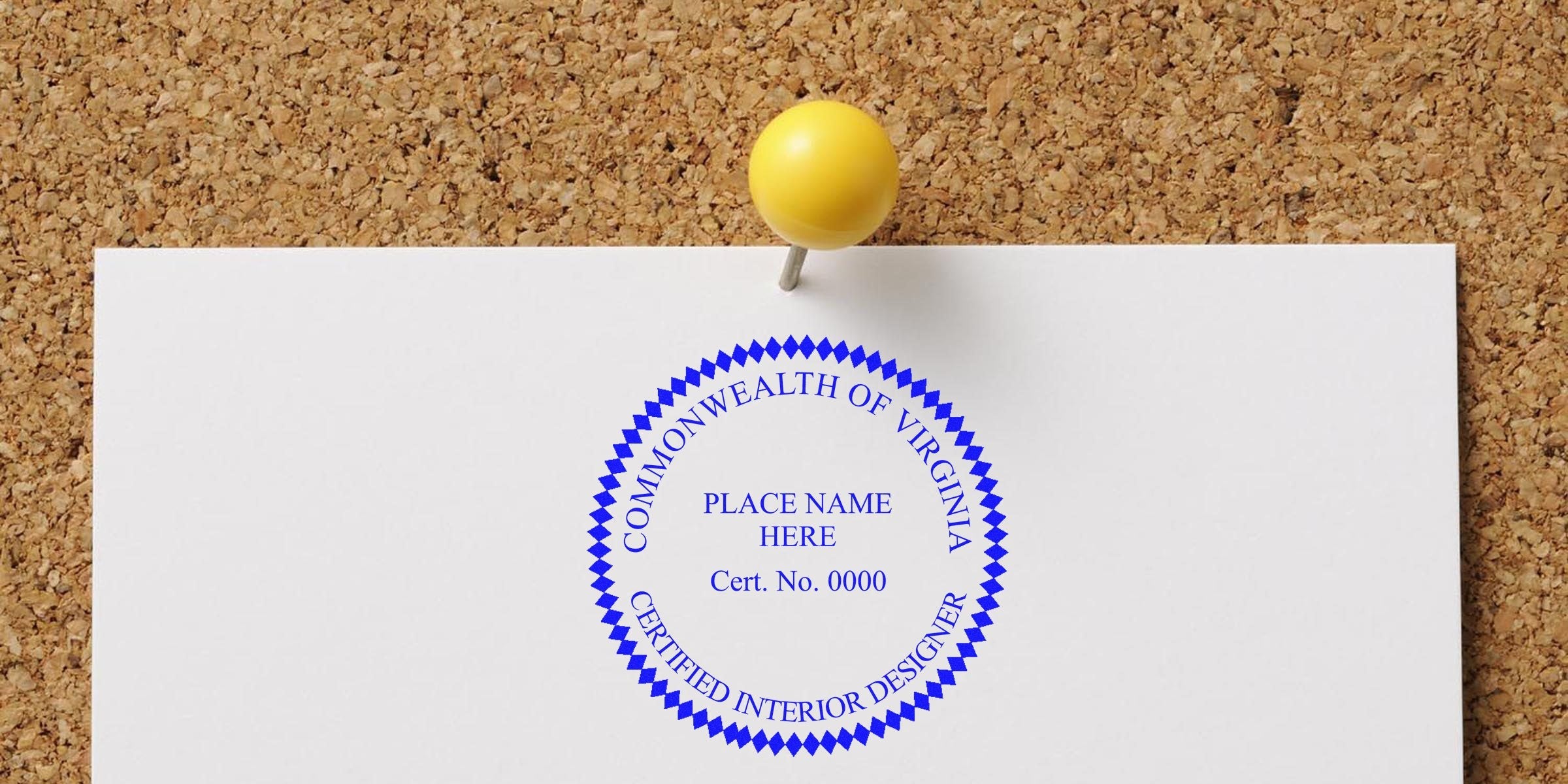 Virginia Interior Designer Exam seal pinned on corkboard, confirming professional certification and career advancement in interior design.