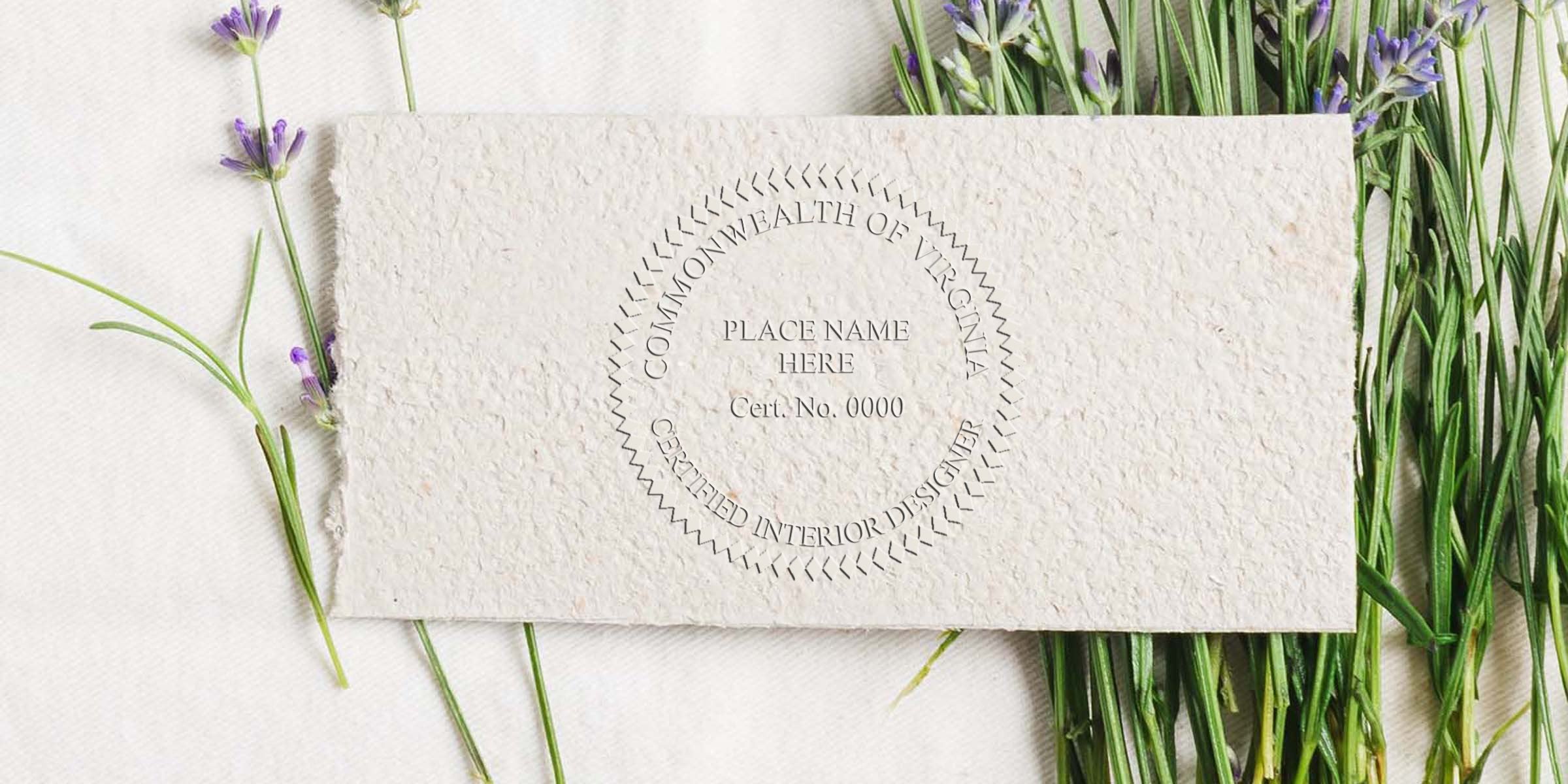 Certified Virginia interior designer certificate on textured paper with lavender sprigs, showcasing credentials and stamp cost details.