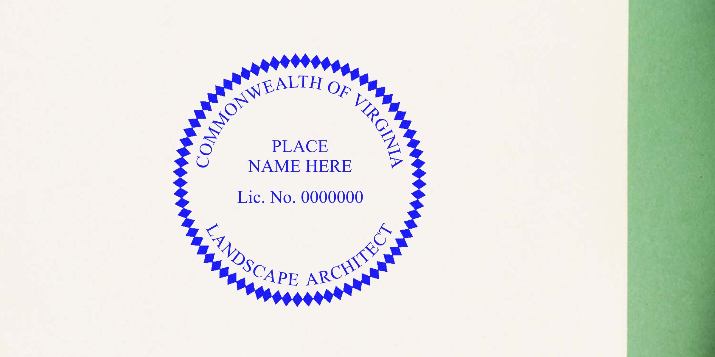 Virginia landscape architect stamp with Commonwealth license seal, placeholder text, and license number on white paper; includes tips for purchasing landscape architect stamps.