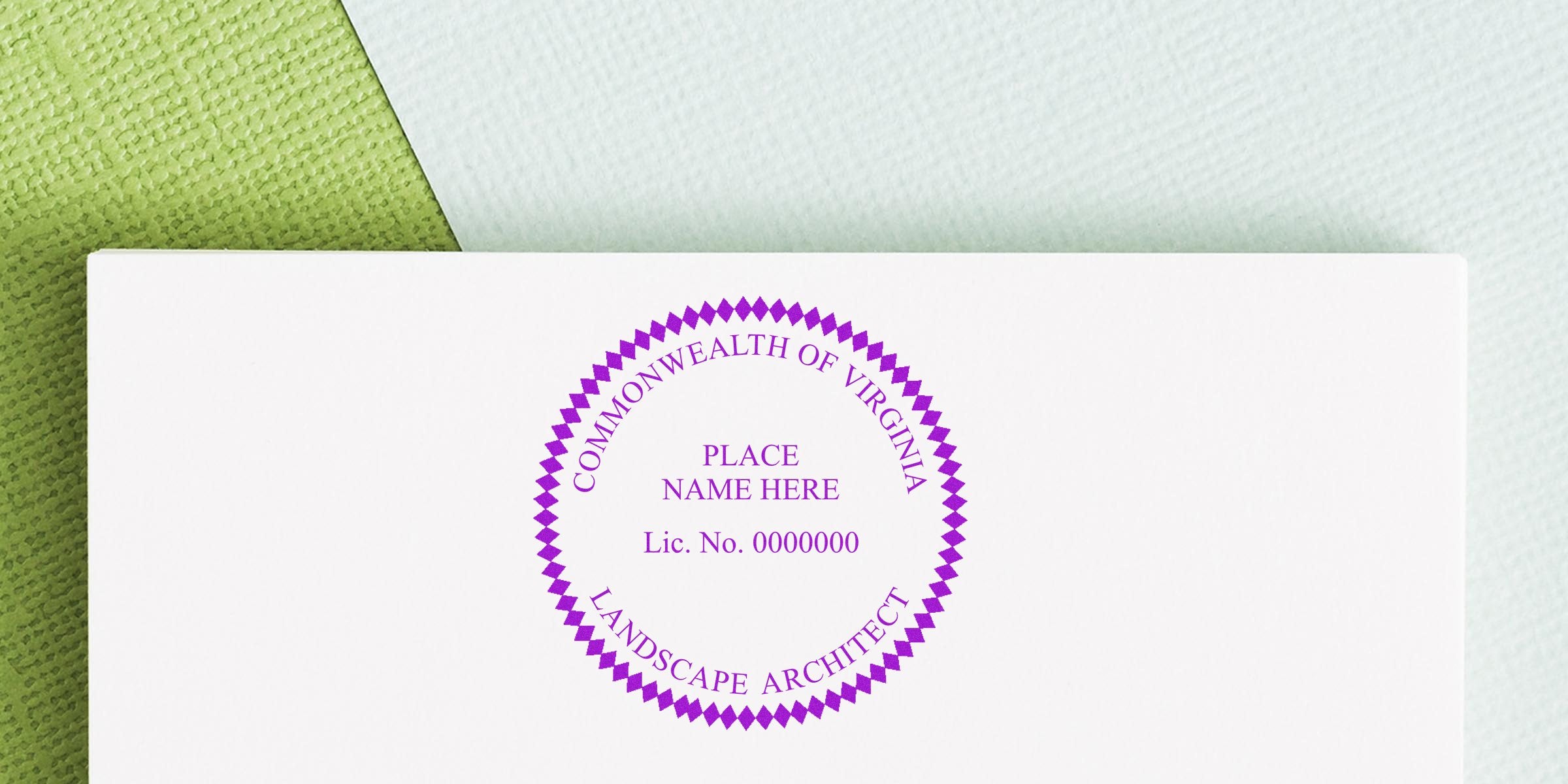 Virginia landscape architect license seal on white paper with green textured background, complying with stamp design standards.