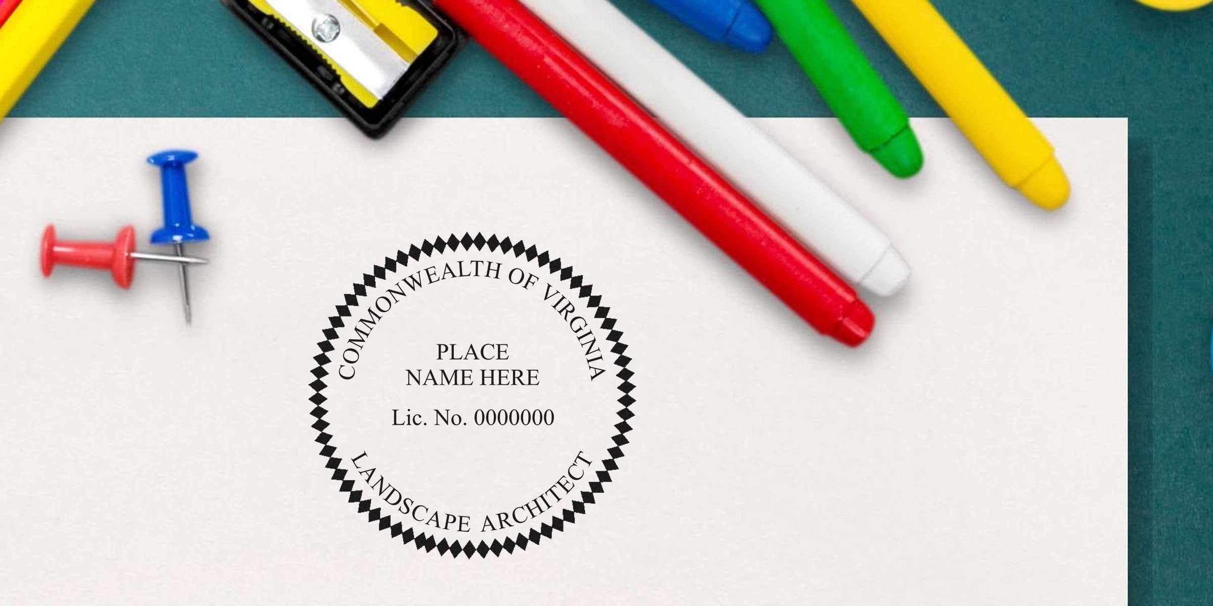 Virginia landscape architect seal stamped on paper, surrounded by colorful markers and push pins, designed to simplify searching for Virginia landscape architect credentials.