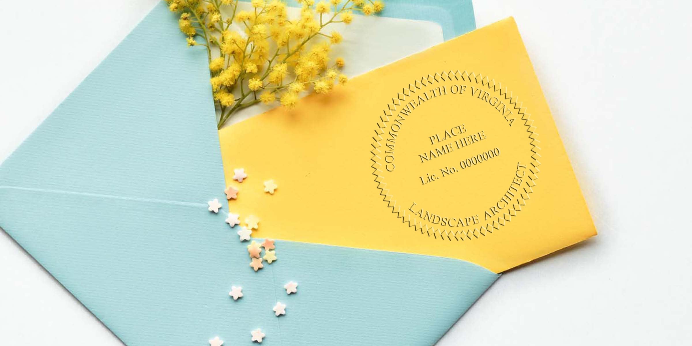 Yellow certificate with Virginia landscape architect stamps and seal, inside a blue envelope, surrounded by yellow flowers and star-shaped confetti.