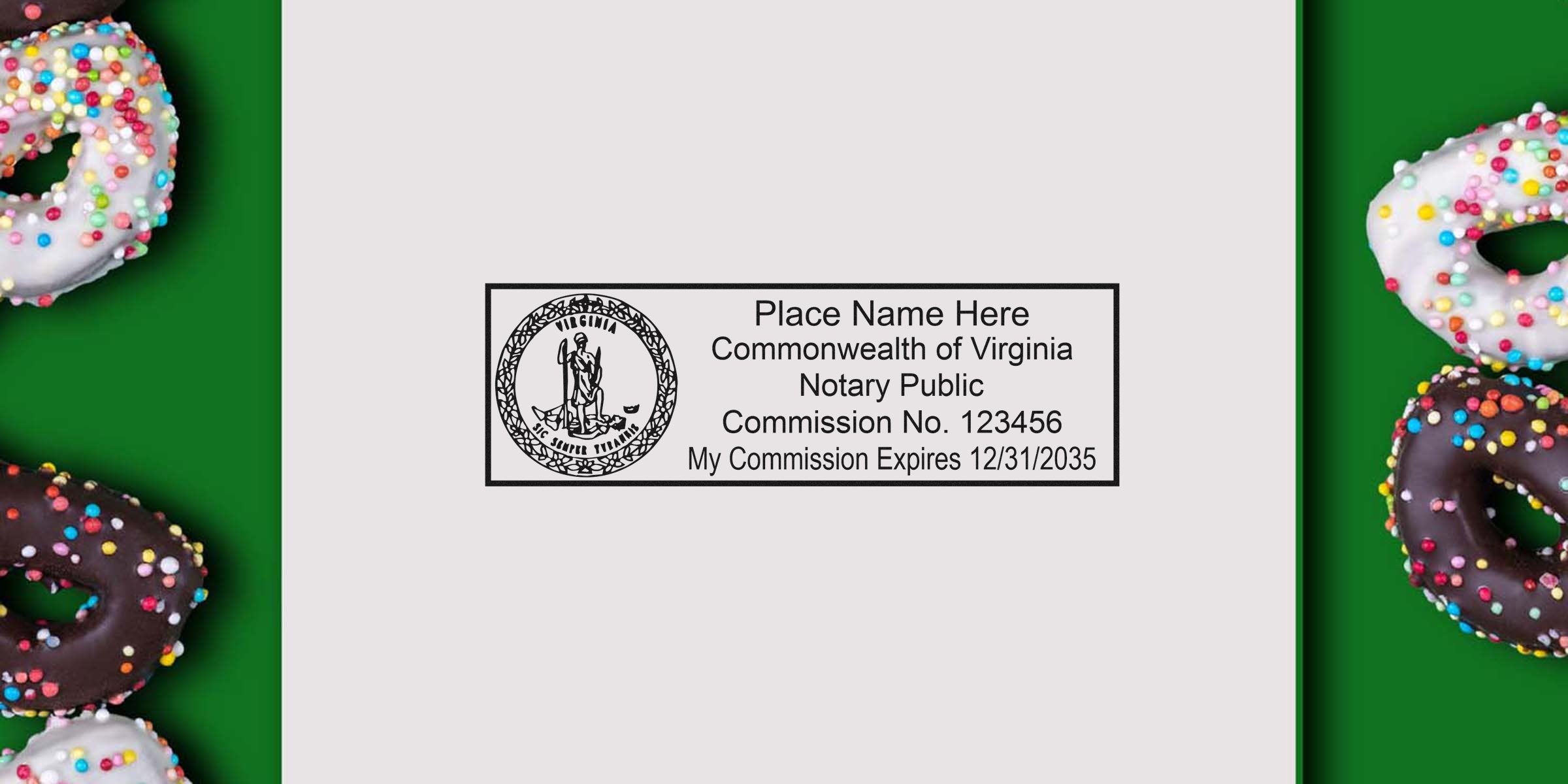 Virginia notary stamp with commission number and expiration date on white background, framed by colorful sprinkled donuts on green sides, emphasizing online notary services.
