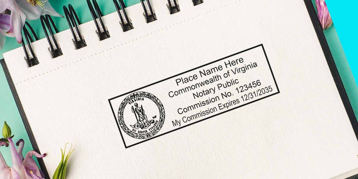 Virginia notary public stamp with commission number and expiration date on a notebook page, alongside essential Virginia notary supplies and tools.