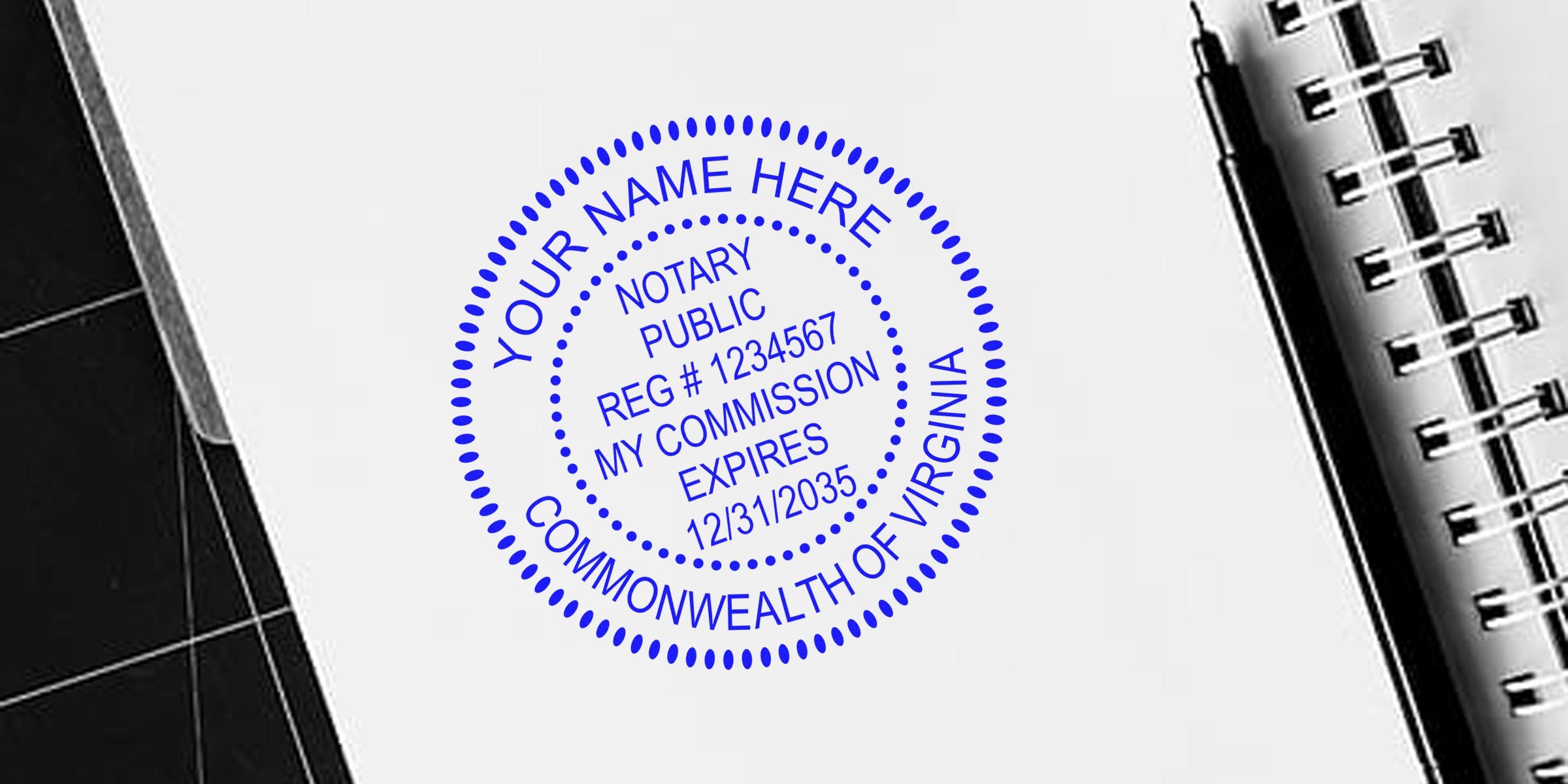 Virginia Notary Seal on white paper with pen and notebook, displaying seal size, registration number, and commission expiration date.