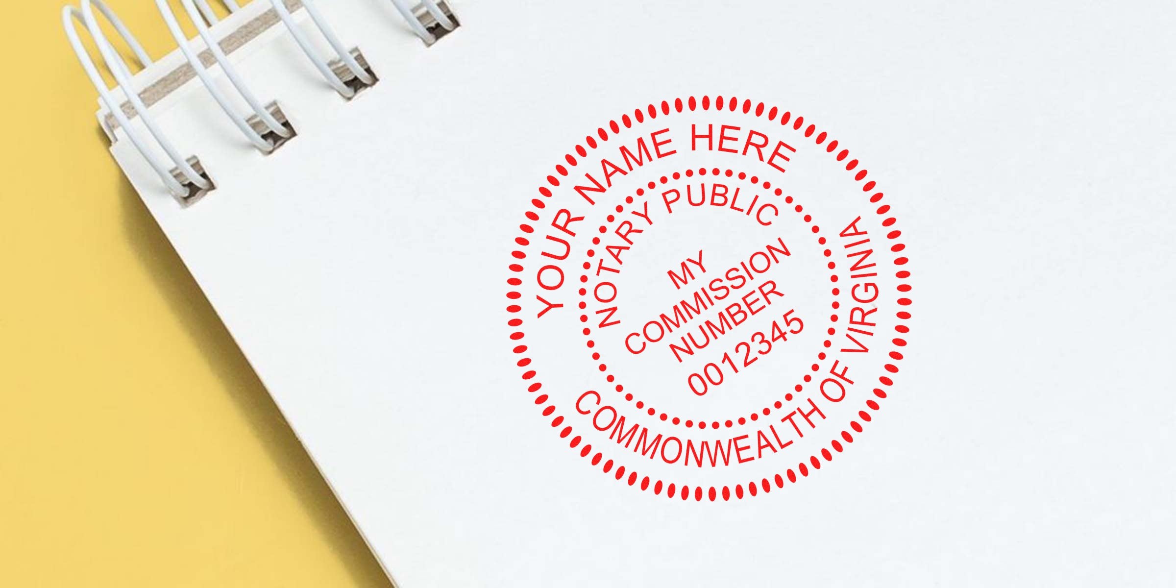 Virginia electronic notary stamp on white spiral notebook, highlighting official document verification and electronic notary stamp options in Virginia.