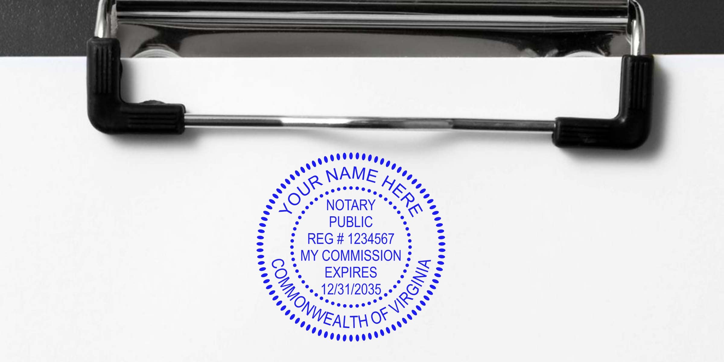 Virginia notary stamp on clipboard showing commission expiration and registration number, part of affordable Virginia notary supplies and tools.
