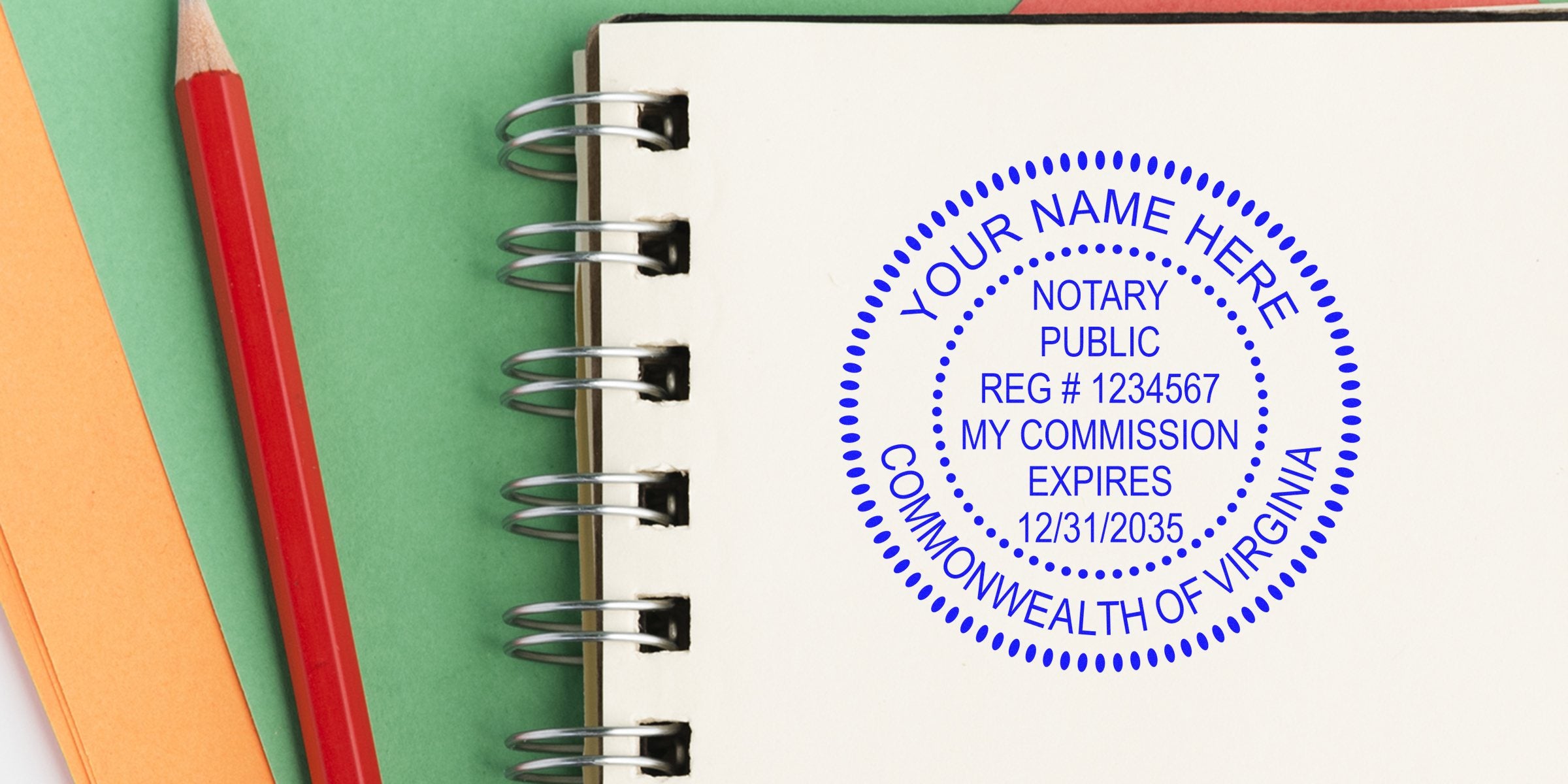 Virginia notary seal stamped on notebook with red pencil and colorful paper background, meeting Virginia notary stamp requirements.