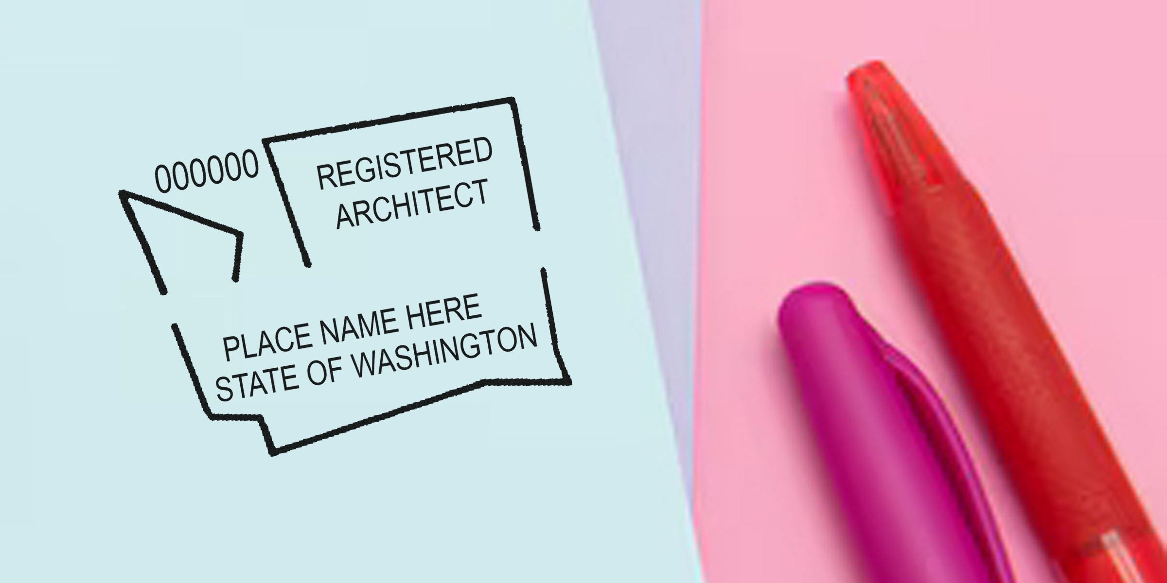 Registered architect stamp for Washington State with colorful pens on a pastel background, showcasing architectural stamps and historic building markers.