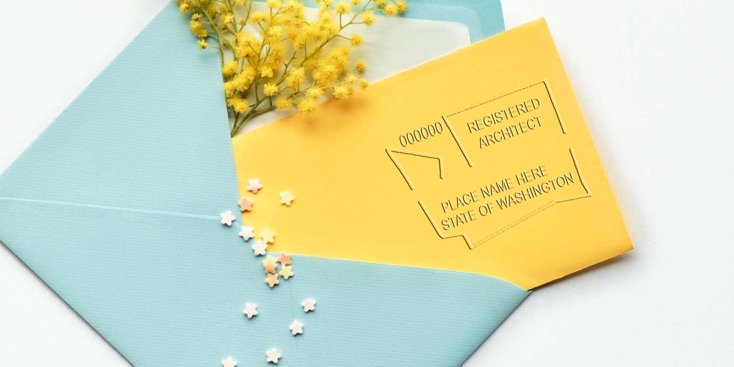 Yellow envelope with a Washington architect stamp inside a blue envelope adorned with yellow flowers and star confetti, symbolizing an architect stamp order.