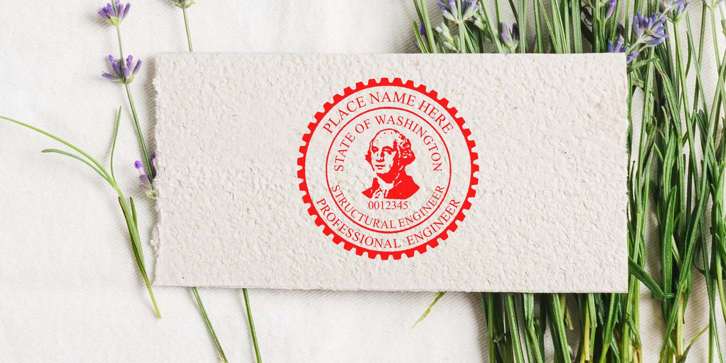 Washington State Professional Engineer Seal stamped on textured paper with lavender flowers.