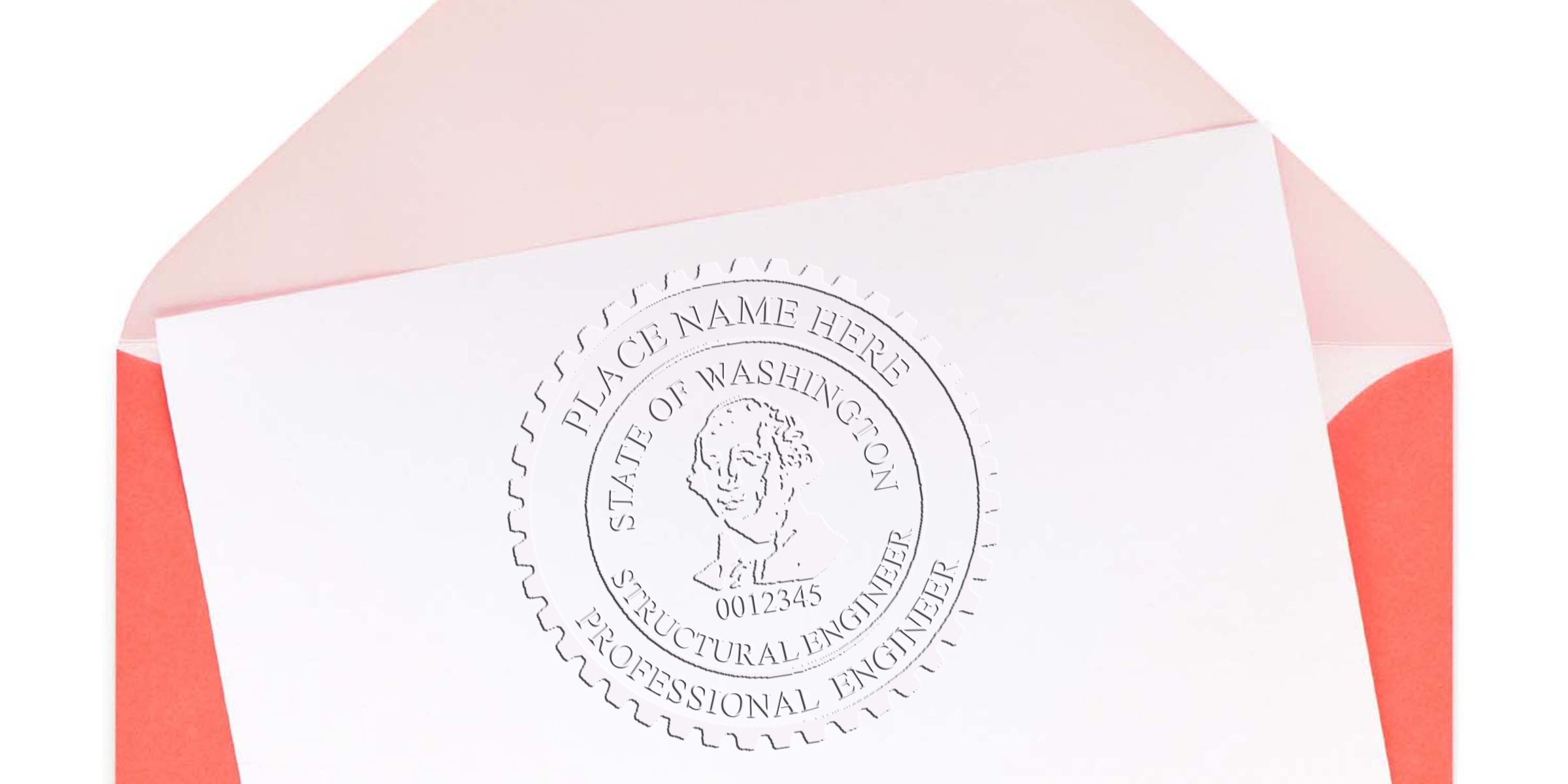 Washington engineer stamp on white paper with pink and red envelope, professional structural engineer certification, official seal, order engineer stamp online.