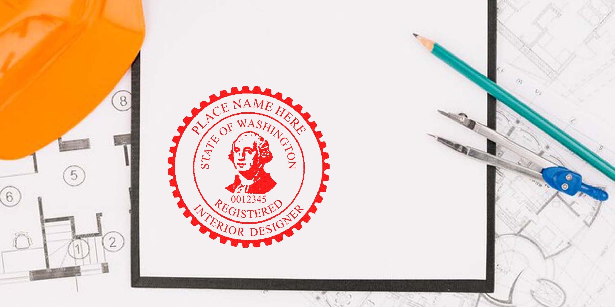 Washington interior designer seal on blueprint with orange hard hat, pencil, and compass, emphasizing stamp requirements.