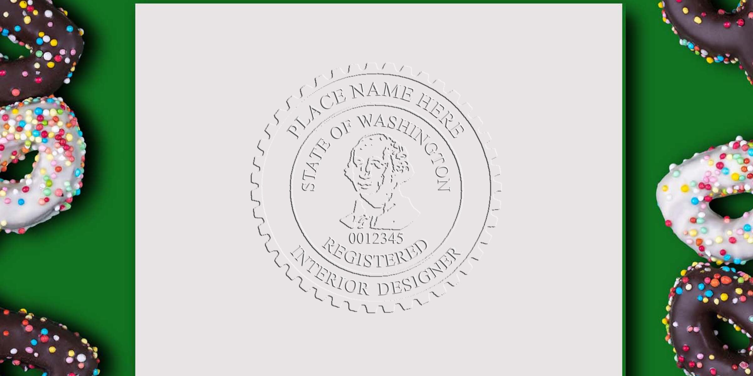 Embossed seal of Washington interior designer on white paper, surrounded by colorful sprinkled donuts on a green background, made with a seal embosser.