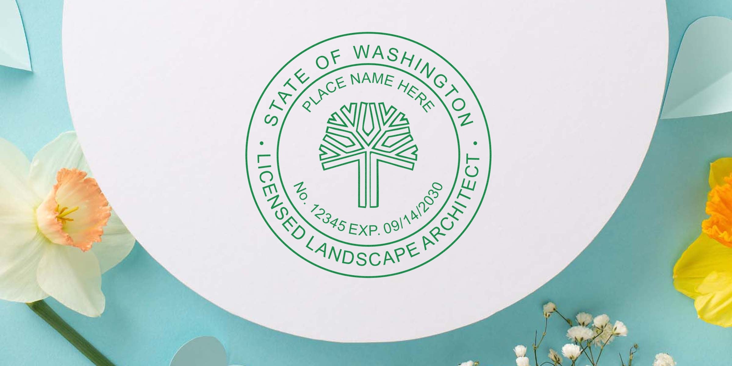 Washington licensed landscape architect seal with floral background, showcasing credentials and stamp purchase offers.