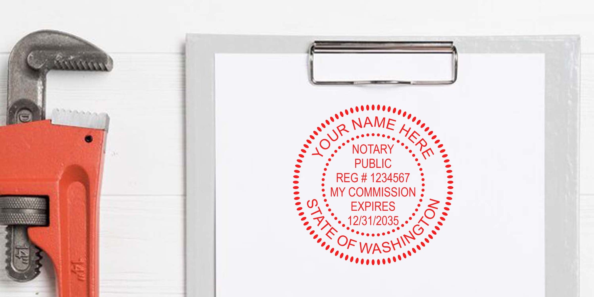 Custom Washington DC notary stamp on clipboard with pipe wrench, personalized notary public seal highlighting quality services and commission expiration info.