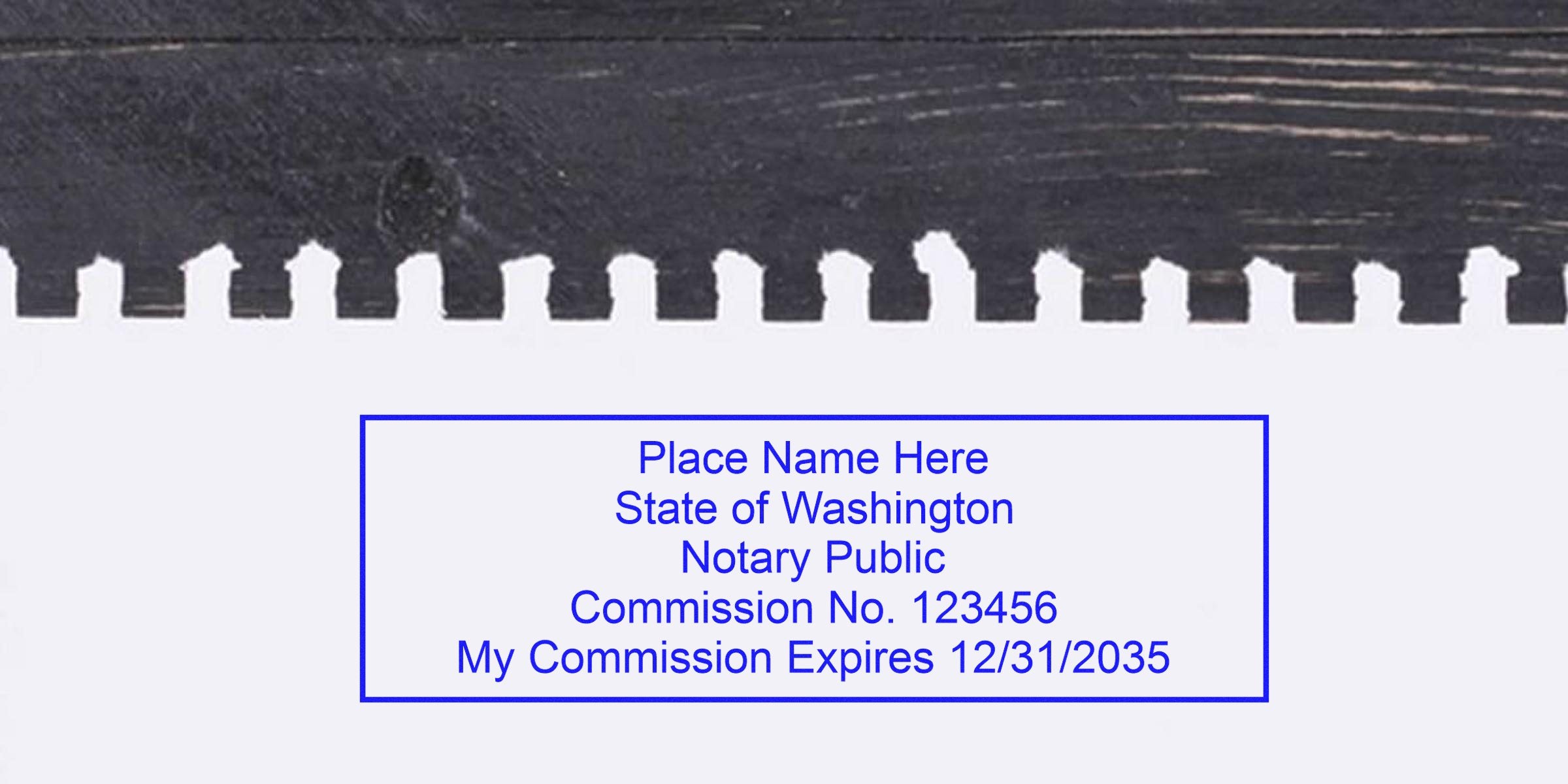 Washington notary stamp on white paper shows commission number and expiration date, highlighting essential tips for buying a notary stamp in Washington.