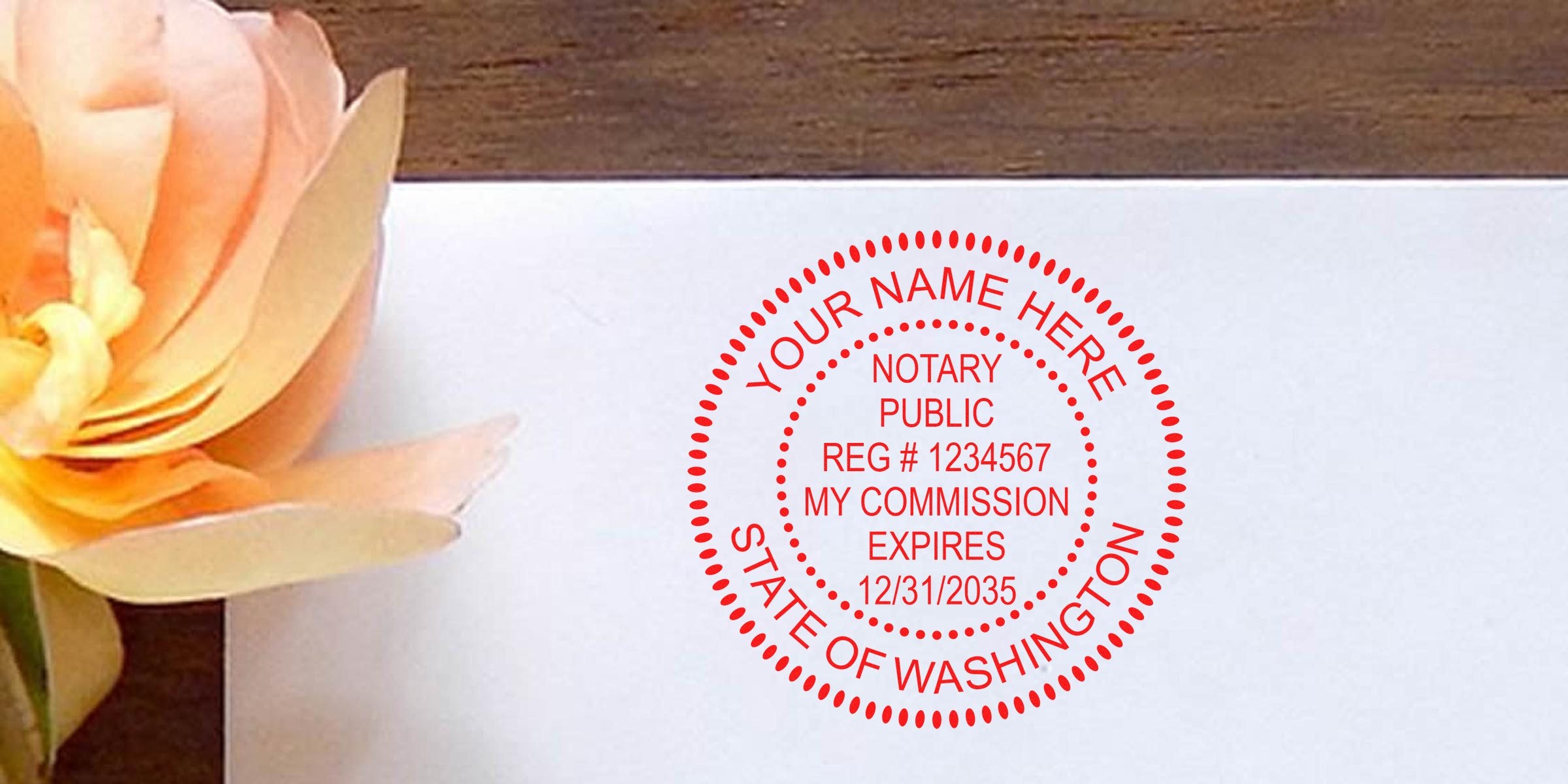 Washington DC notary seal with commission expiration date on white paper beside a peach flower, highlighting the importance of selecting the right notary seal.