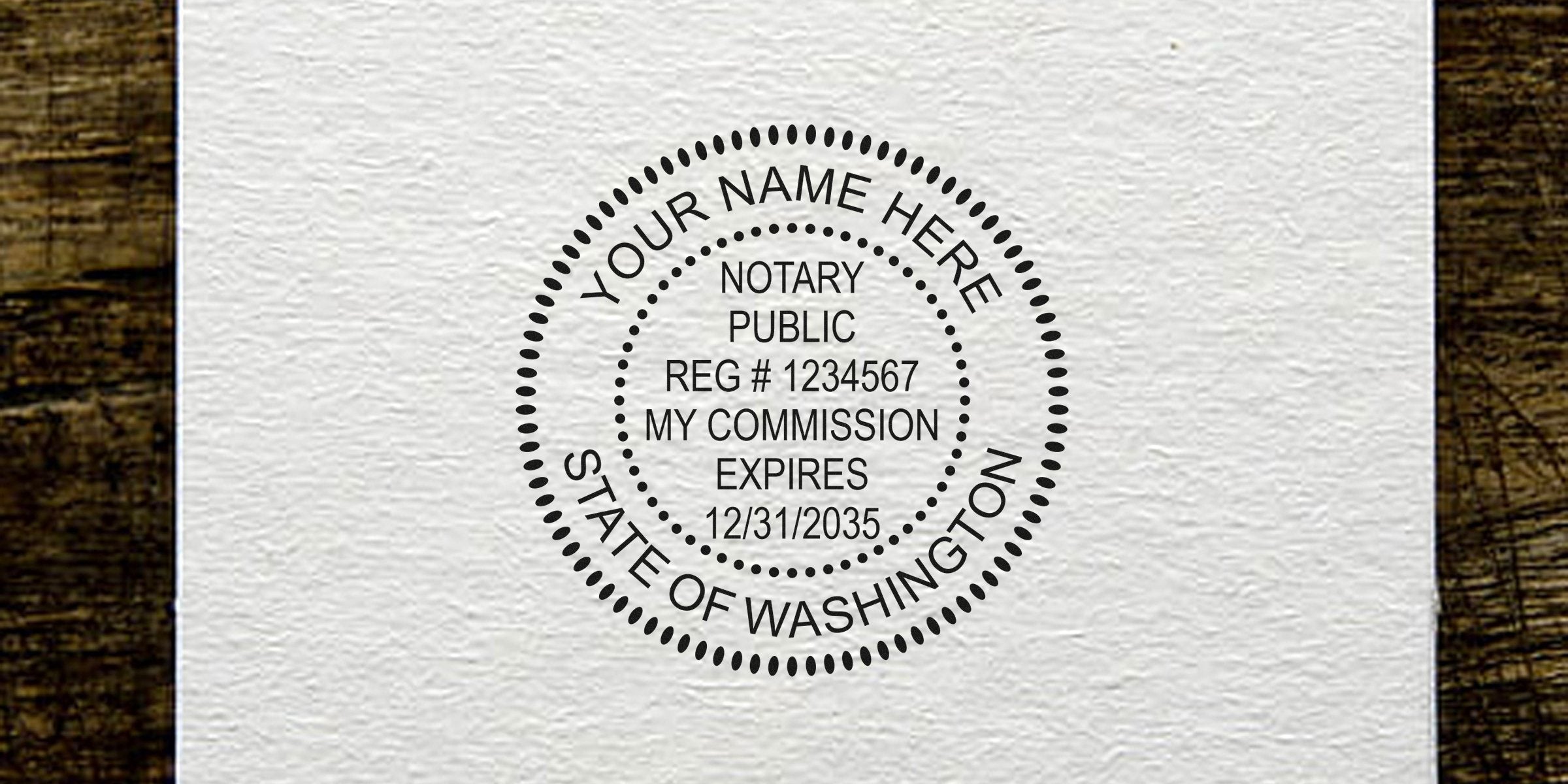 Washington notary stamp on textured paper with commission expiration date, meeting all notary stamp requirements.