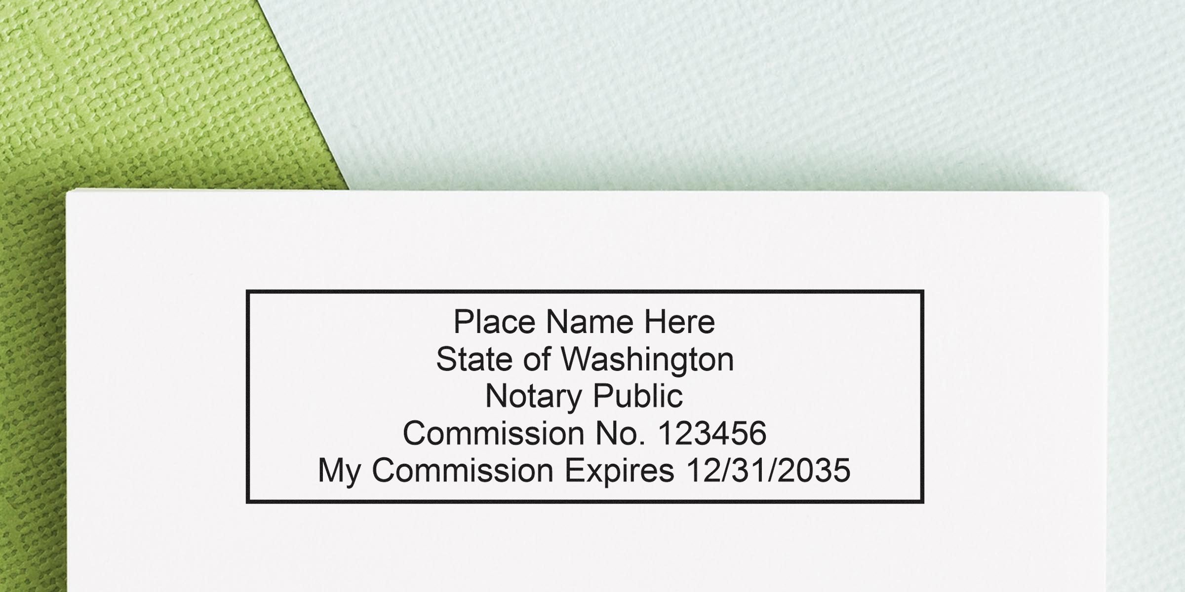 Washington notary public commission certificate with expiration date on textured background, showing official notary stamps and highlighting authentic notary stamp deals.