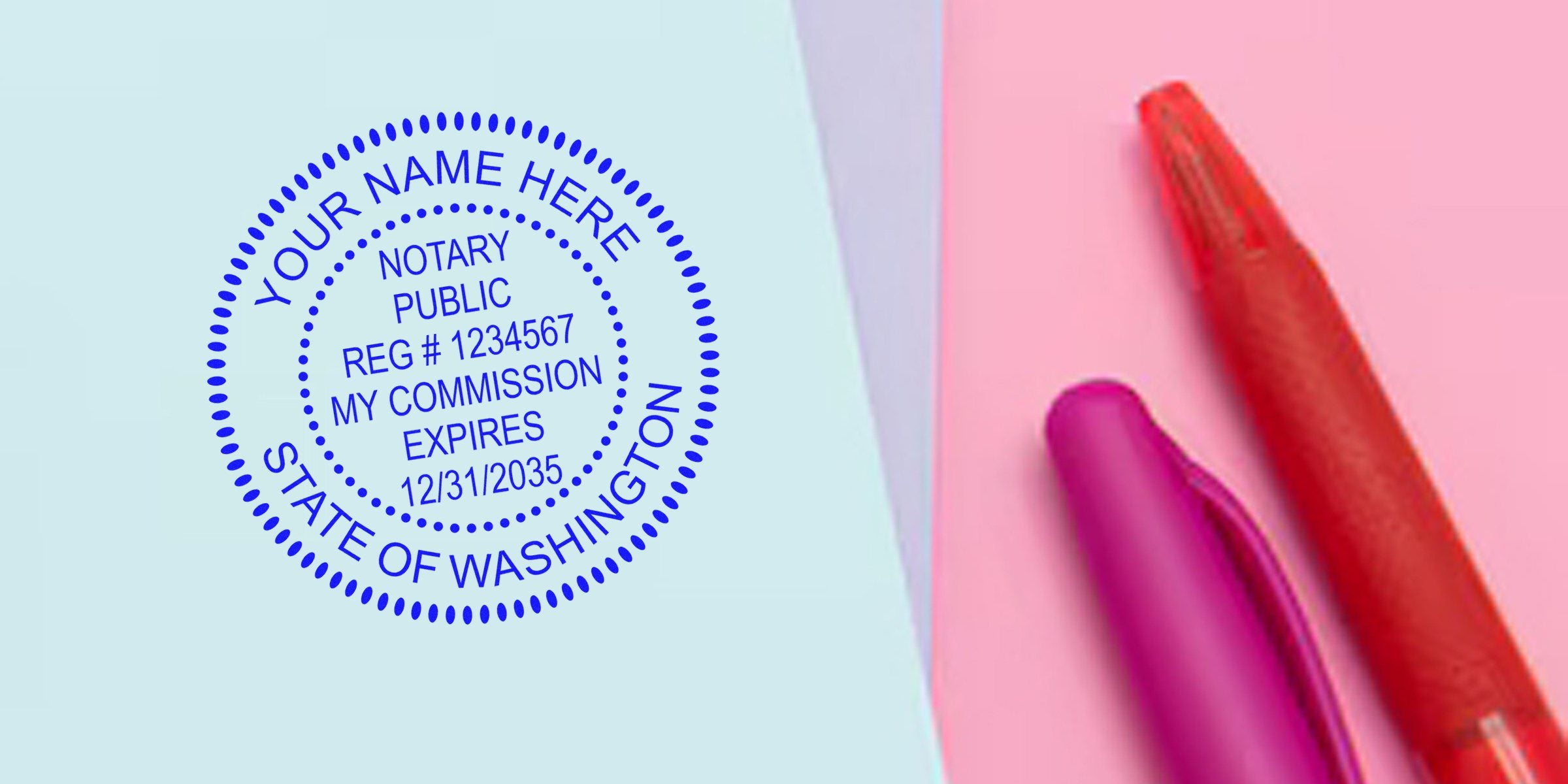 Washington notary stamp with registration number and commission expiry on pastel background, surrounded by budget-friendly notary supplies and vibrant pens.