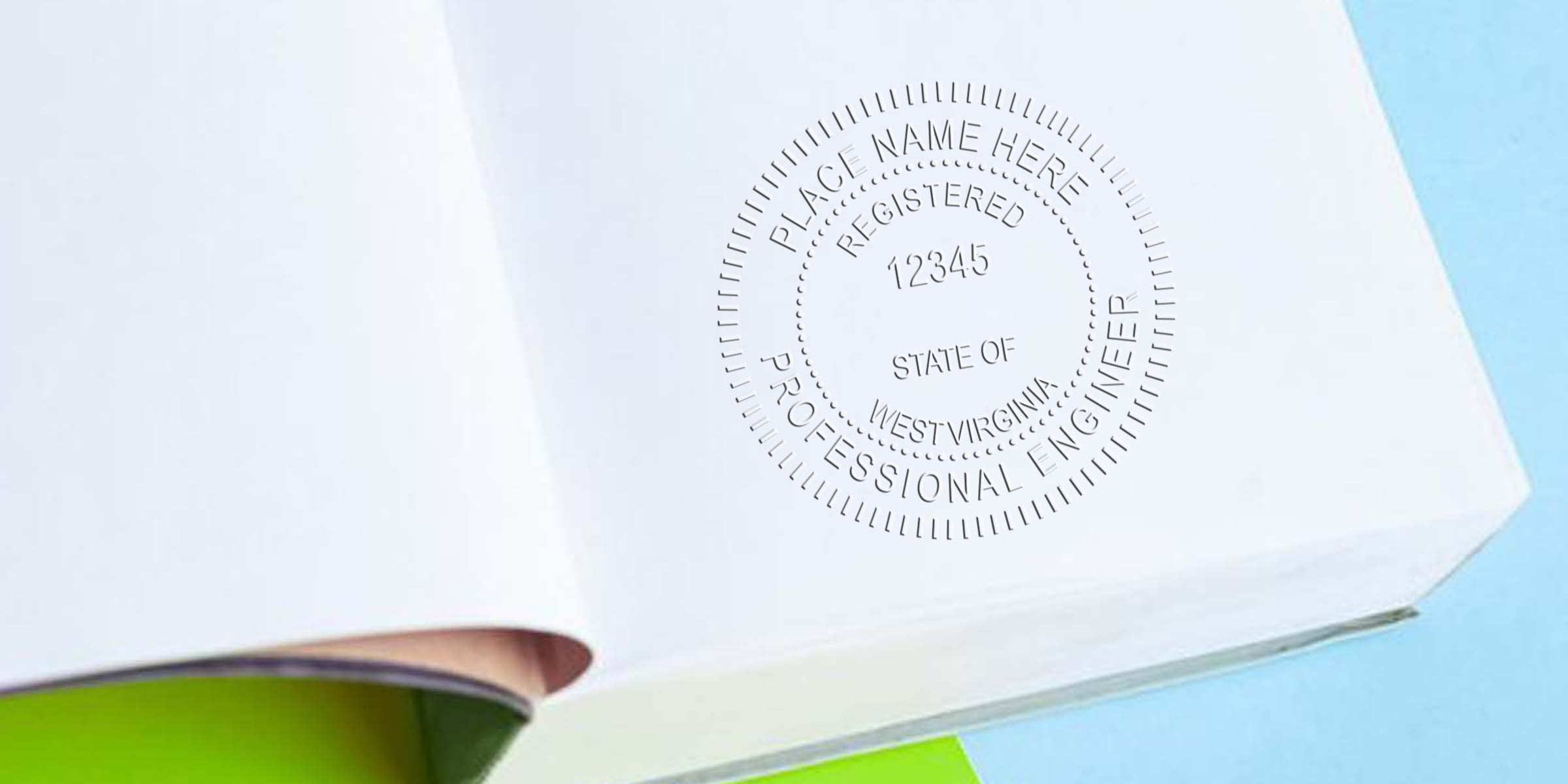 WV PE Stamp embossed on white paper, West Virginia registered engineer seal, official certification mark, available for online order.
