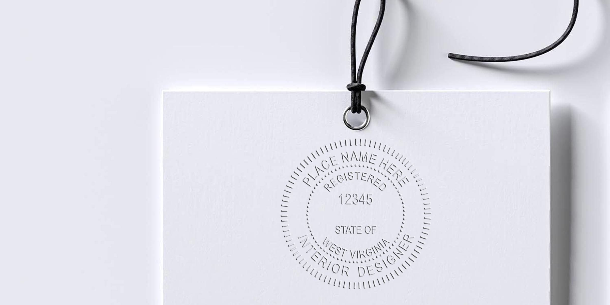 Embossed West Virginia interior designer license tag with black string, showing the registered seal and highlighting WV interior design certification requirements.