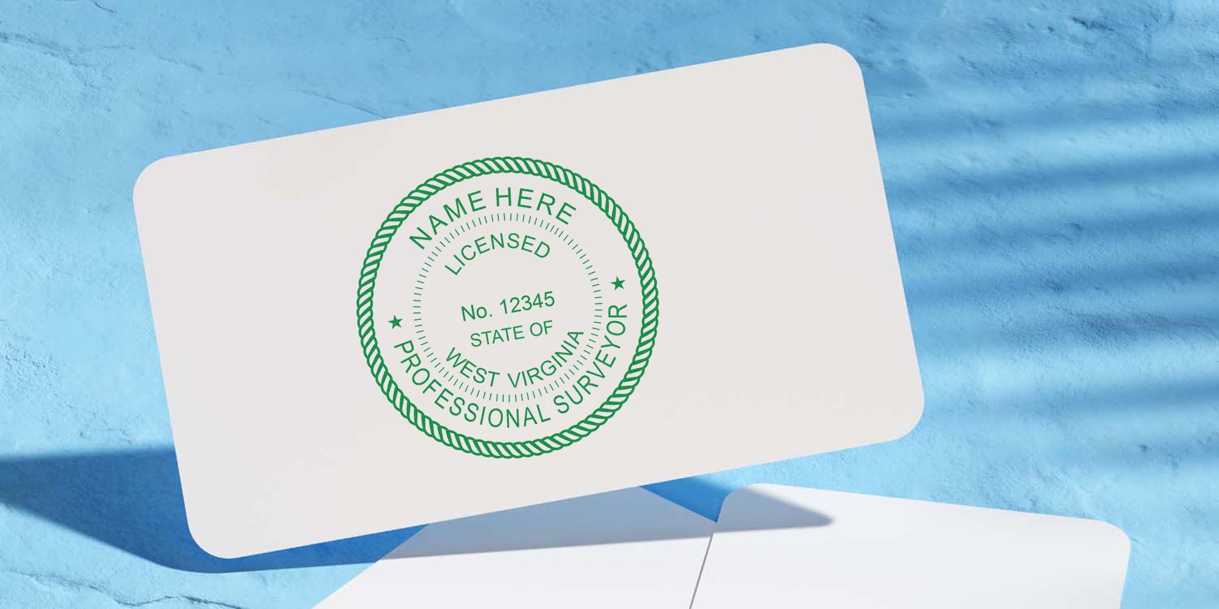 West Virginia professional surveyor license seal on white card with blue textured background, showcasing WV land surveyor regulations and seal requirements.