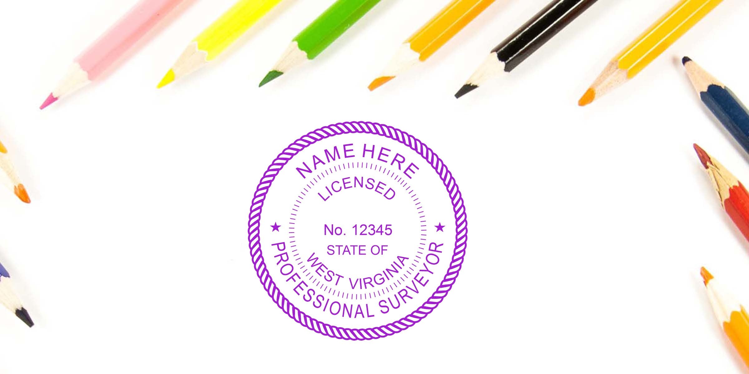 West Virginia licensed professional land surveyor seal encircled by colorful pencils.