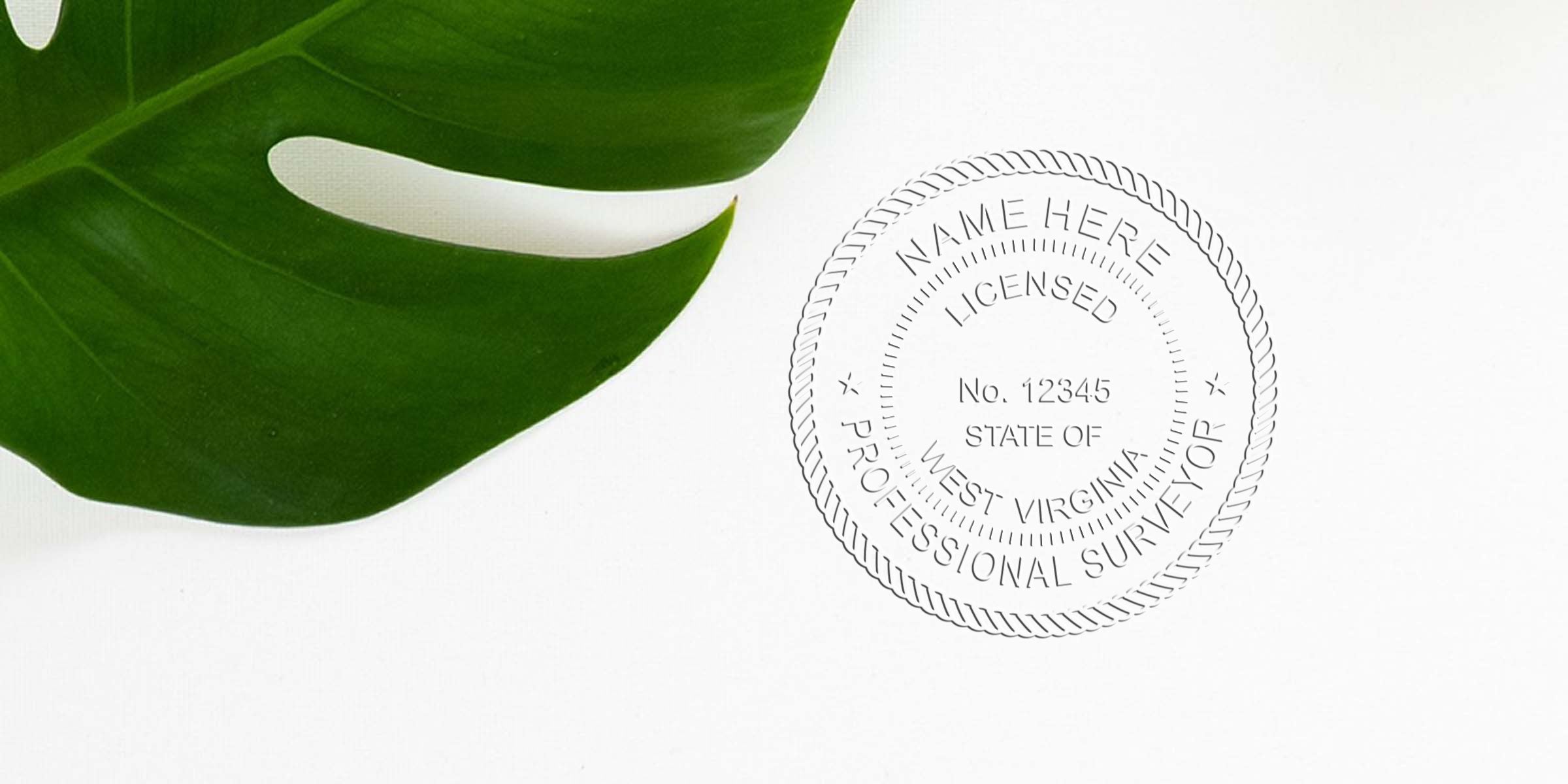 West Virginia land surveyor seal with a licensed professional surveyor emblem and green leaf on white, emphasizing the value of expert land surveying.
