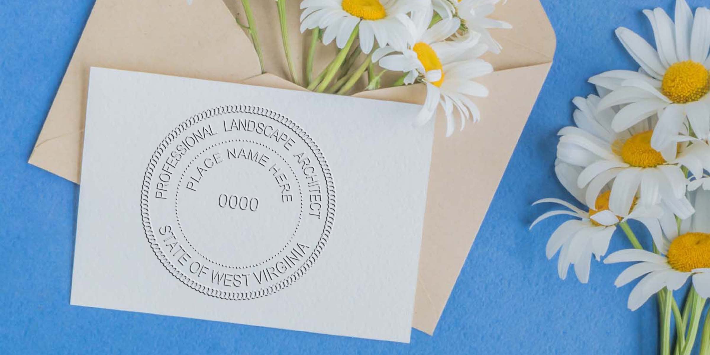 West Virginia landscape architect stamp on white card with daisies and envelope on blue background, showing professional seal and referencing WV landscape architect licensing.