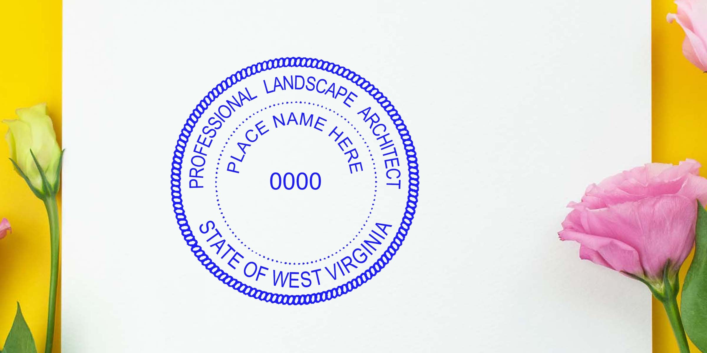 West Virginia Landscape Architect seal on white paper with flowers, showing WV Landscape Architecture Licensing certification and professional stamp.
