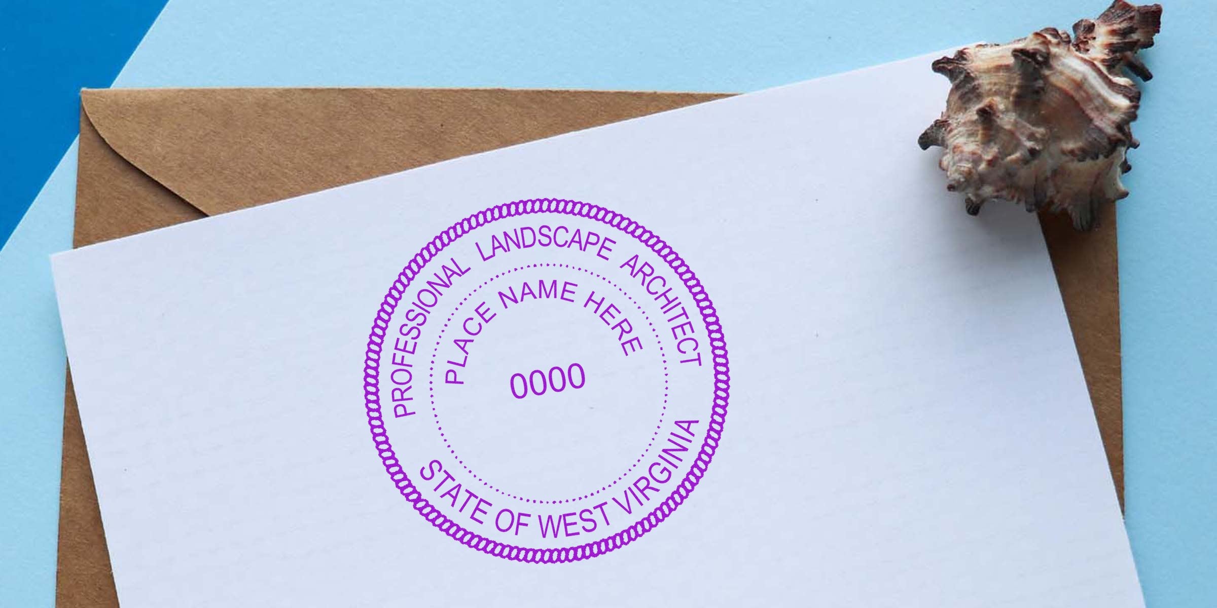 Professional landscape architect stamp on white paper with brown envelope and seashell, showcasing West Virginia design tips and license seal.