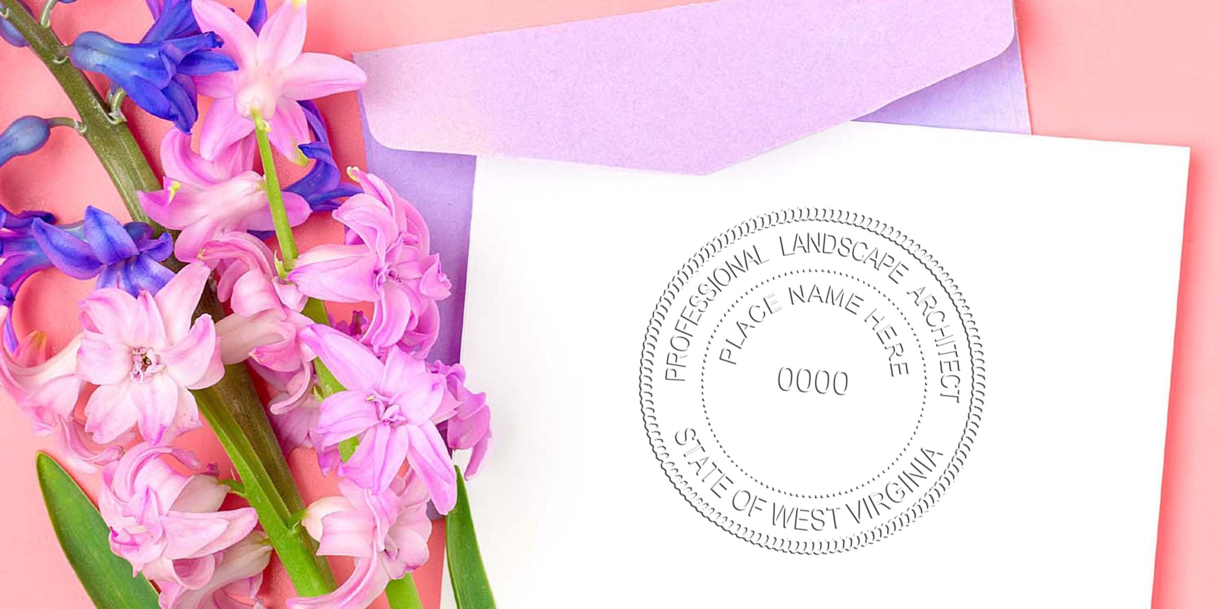 Pink and purple hyacinths beside a West Virginia landscape architect certificate with the Landscape Architect Stamp and a lavender envelope on a pink background, showcasing West Virginia licensing.