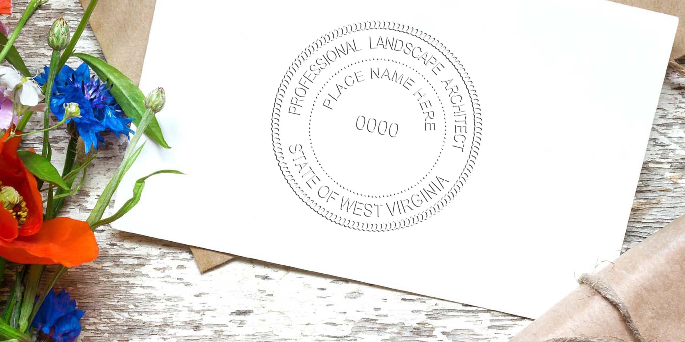 West Virginia landscape architect seal on white paper with colorful flowers and rustic wood background, meeting WV landscape architect stamp requirements.
