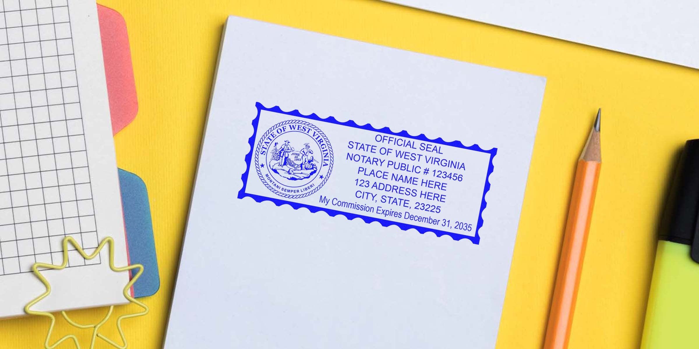 Notary Public West Virginia seal stamp on white paper with office supplies on yellow background, showing how to become a WV notary.