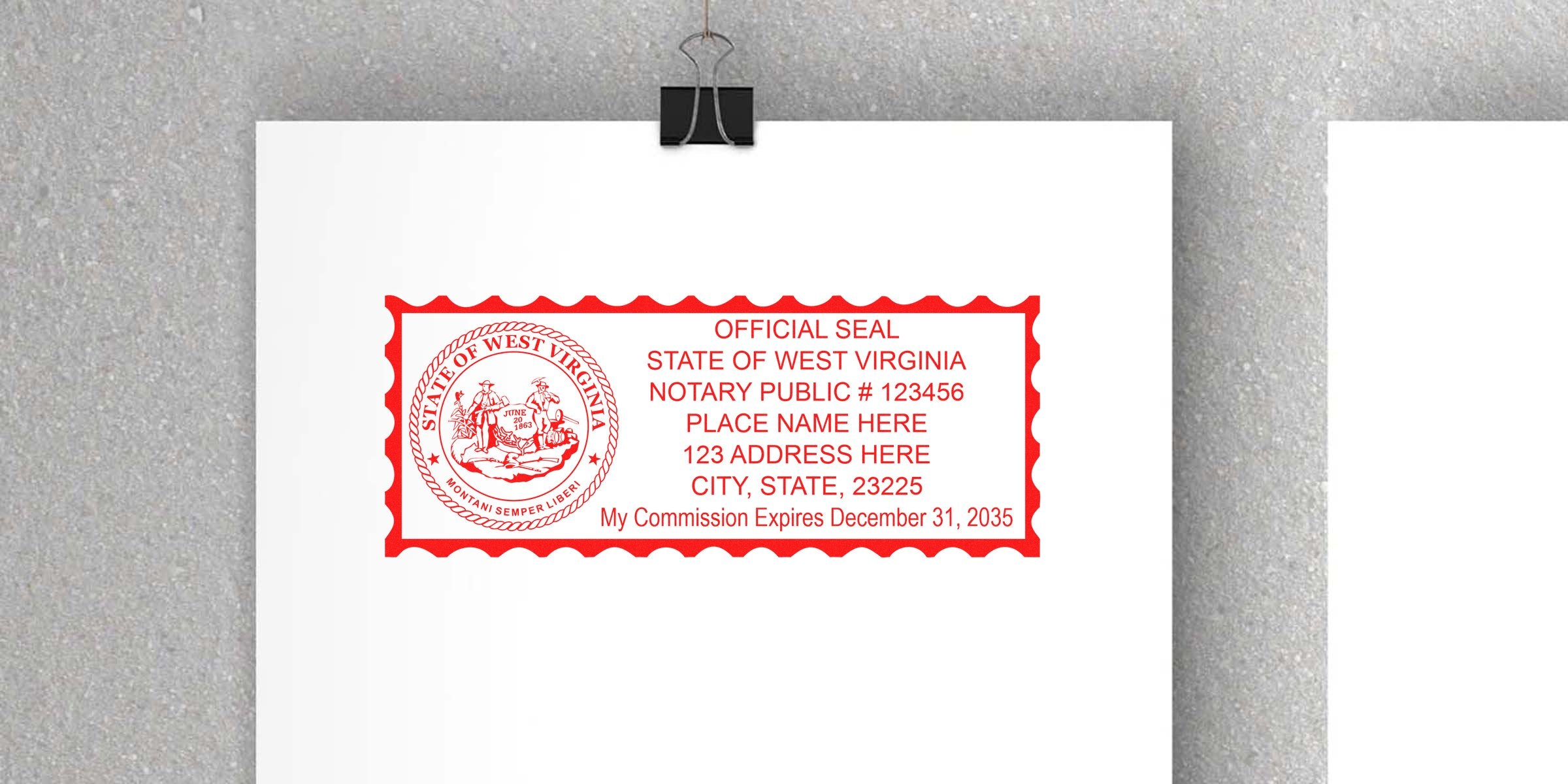 West Virginia notary seal stamp with official state emblem and commission expiration date, available for purchase online.