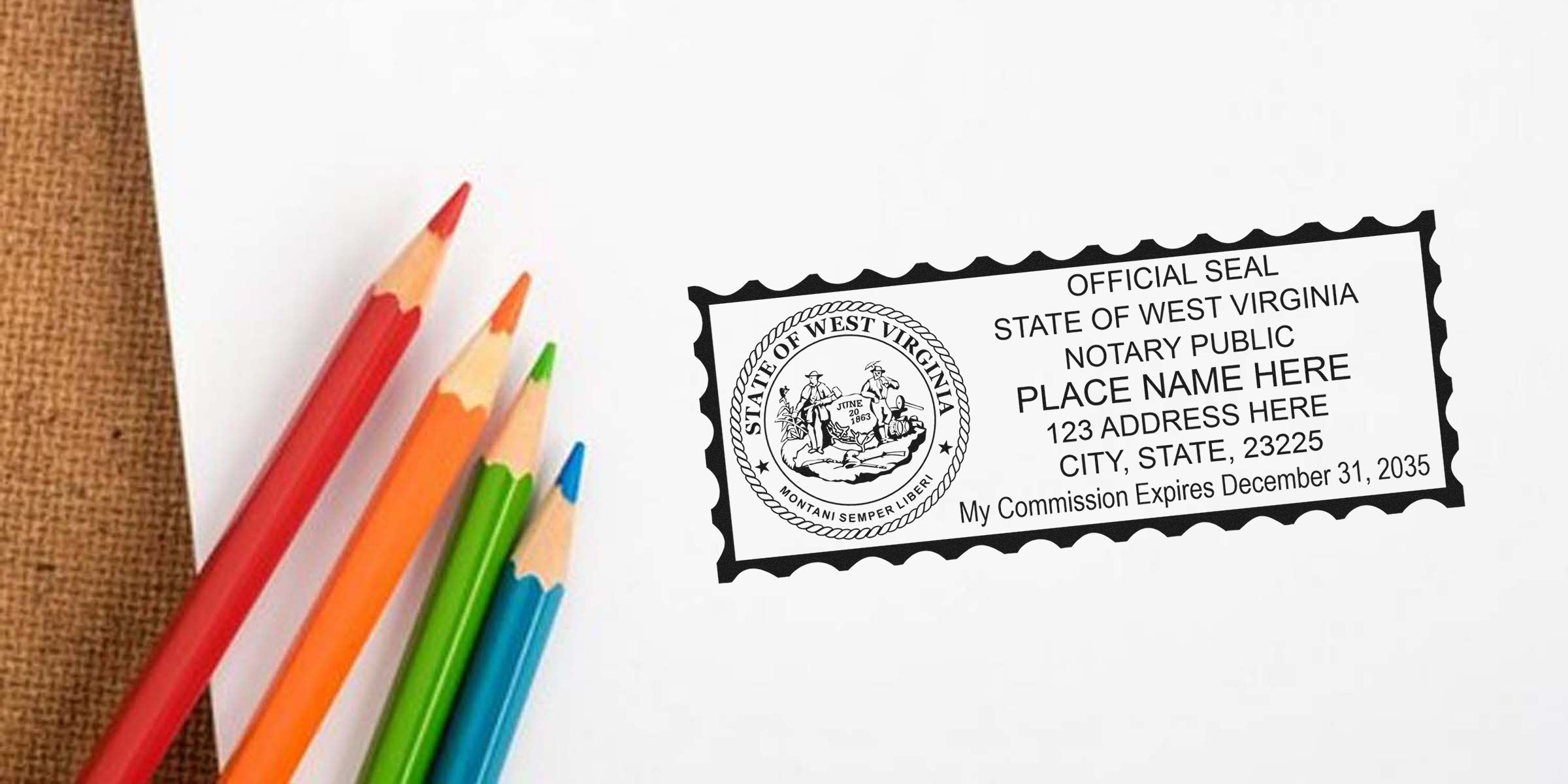 West Virginia notary stamp on white paper with colored pencils, highlighting official notary services and useful notary tips for West Virginia.
