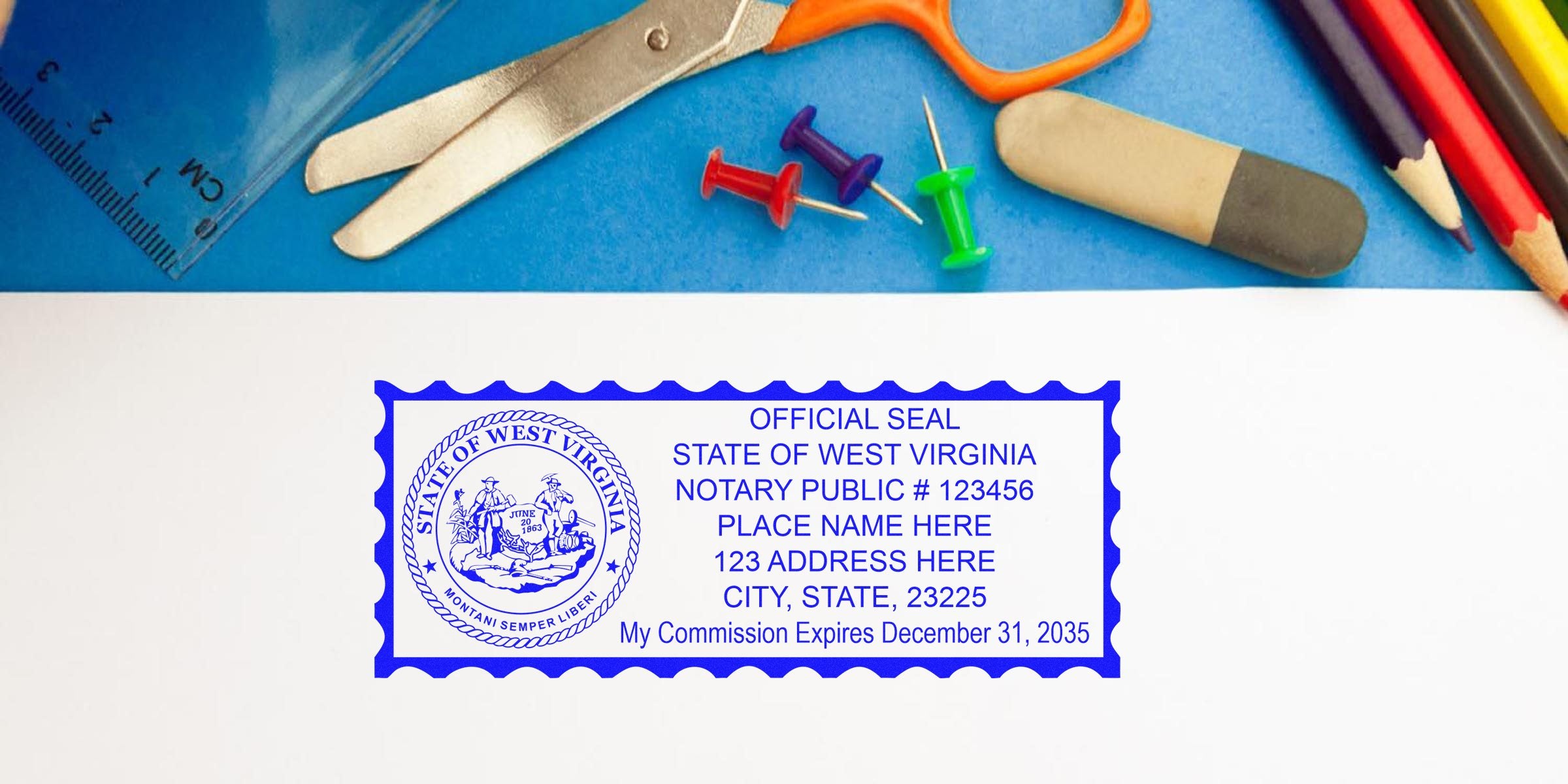 West Virginia notary stamp with state seal and commission expiry on white paper, surrounded by office supplies, illustrating the notary and stamp renewal process.