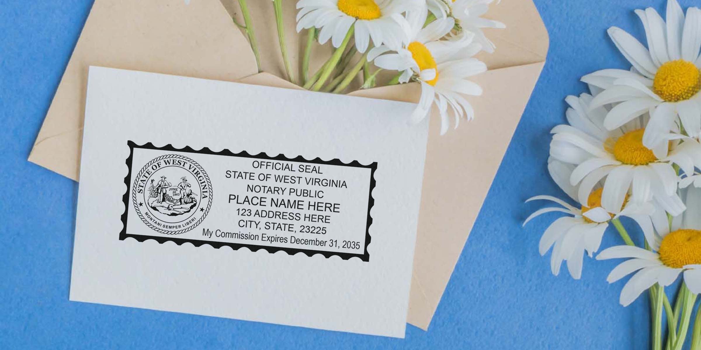 Notary Seal West Virginia on white card with daisies and envelope on blue background, plus tips for buying a notary seal.