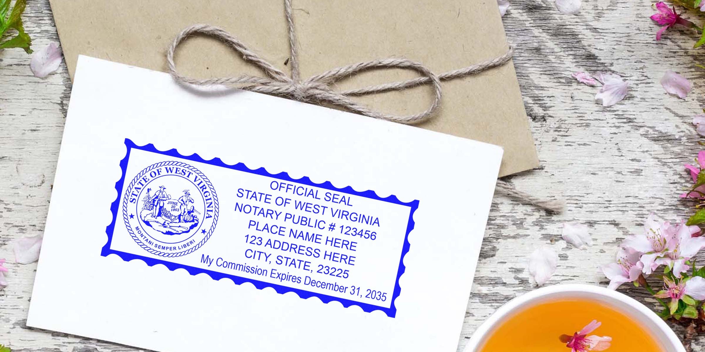 WV notary stamp on envelope with rustic background and flowers, official West Virginia notary public certification for legal documents.