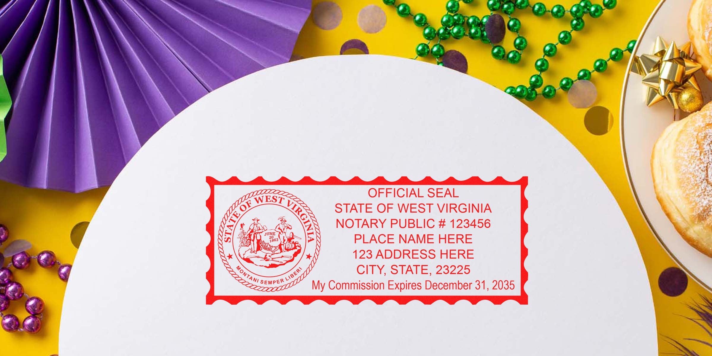 West Virginia notary stamp with official state seal and commission expiration date on festive Mardi Gras background. Order your WV notary stamp today.