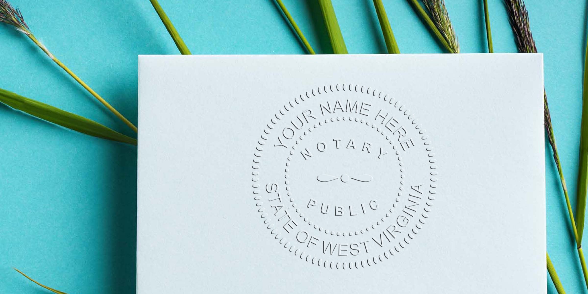 West Virginia custom notary stamp embossing on white paper, displaying a sample format for West Virginia notary public services.
