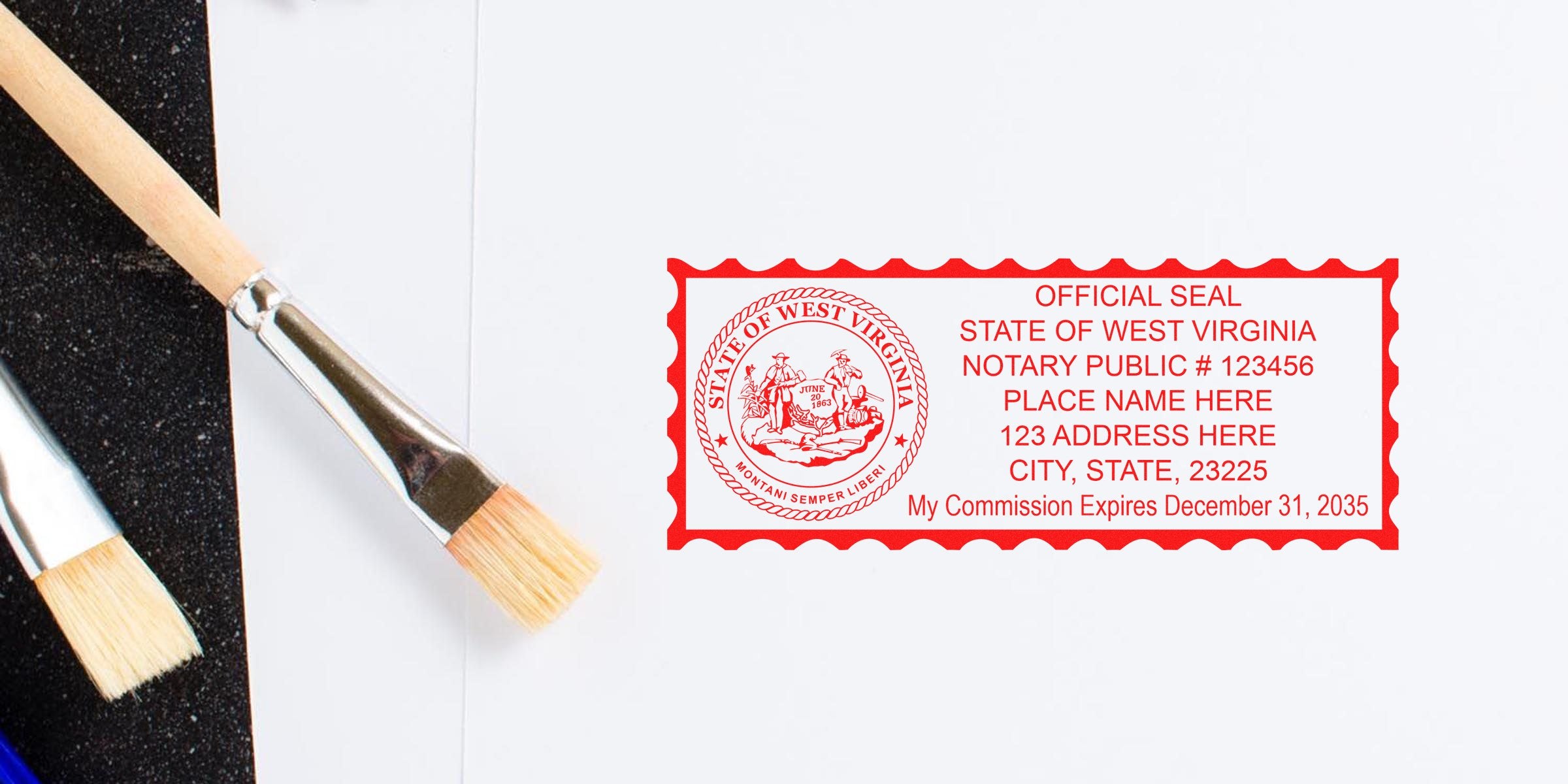 West Virginia notary stamp with official seal, commission expiration date, and paintbrushes alongside notary supplies.