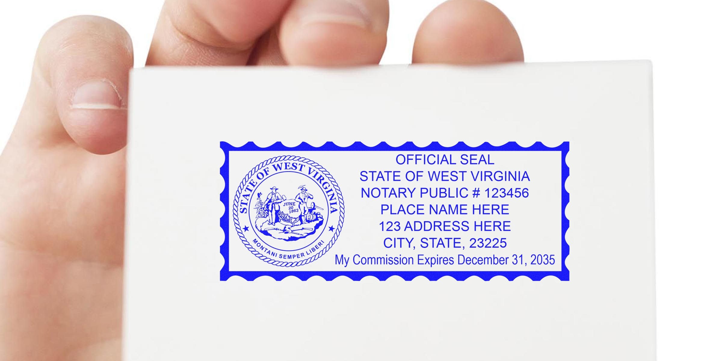 West Virginia notary stamp with official state emblem and commission expiration date, notary seal West Virginia.