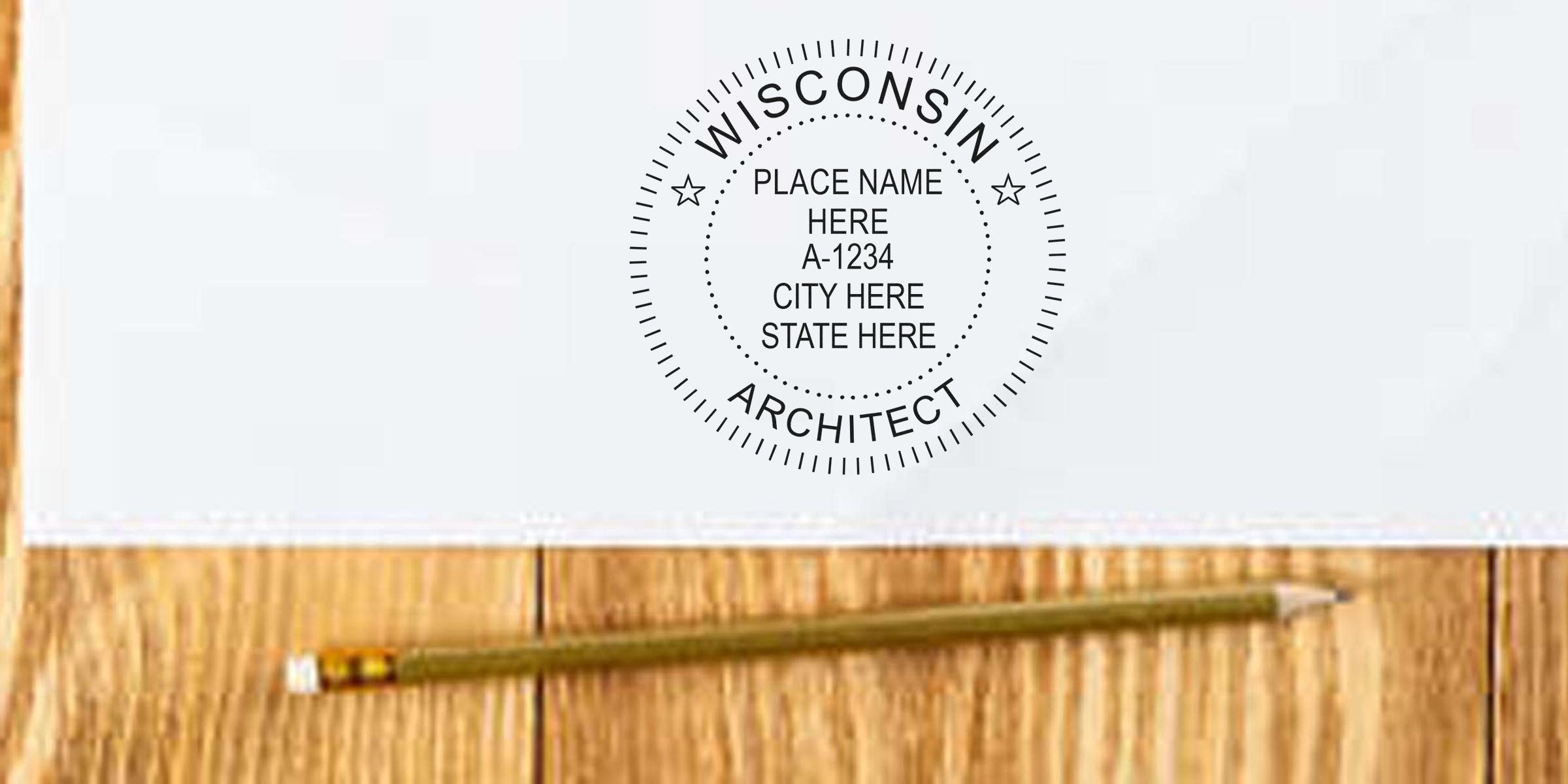 Wisconsin architectural seal and architect stamp on blueprint paper with pencil on wooden table.