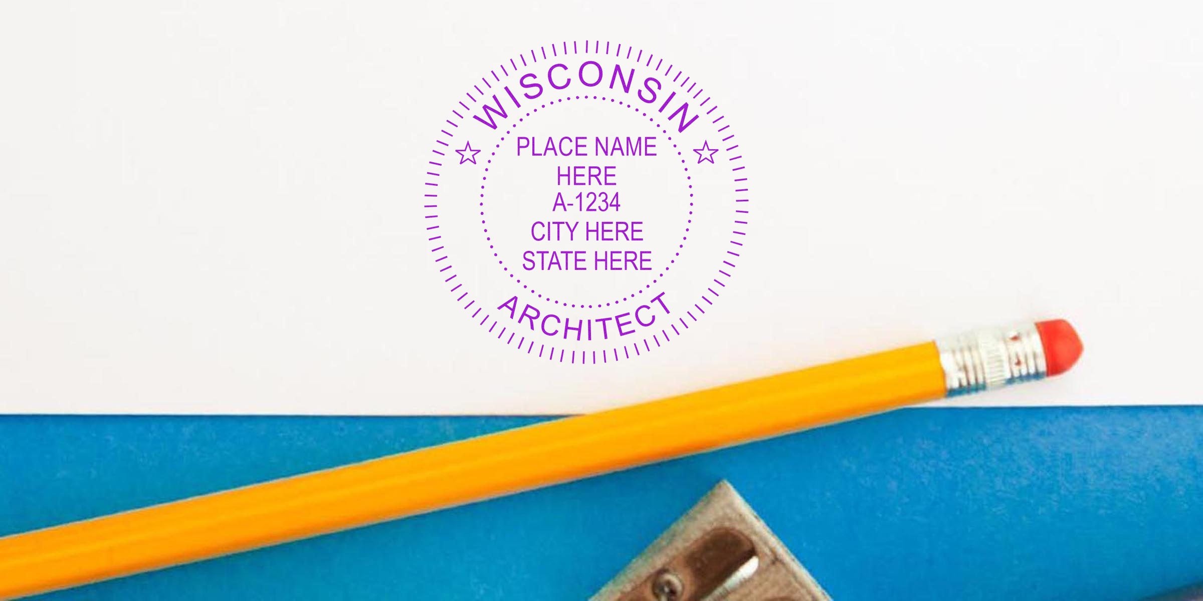 Wisconsin architect stamp with pencil and sharpener on blue and white background, highlighting architect stamp design tips.