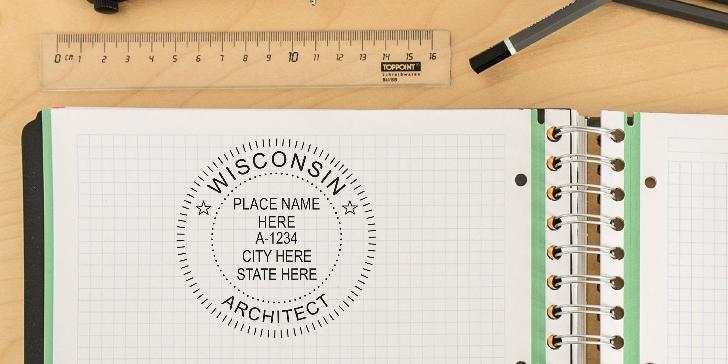 Wisconsin architect stamp on graph paper notebook with ruler and pencil on wooden desk, focusing on Wisconsin architect stamp laws and how to purchase an architect stamp in Wisconsin.