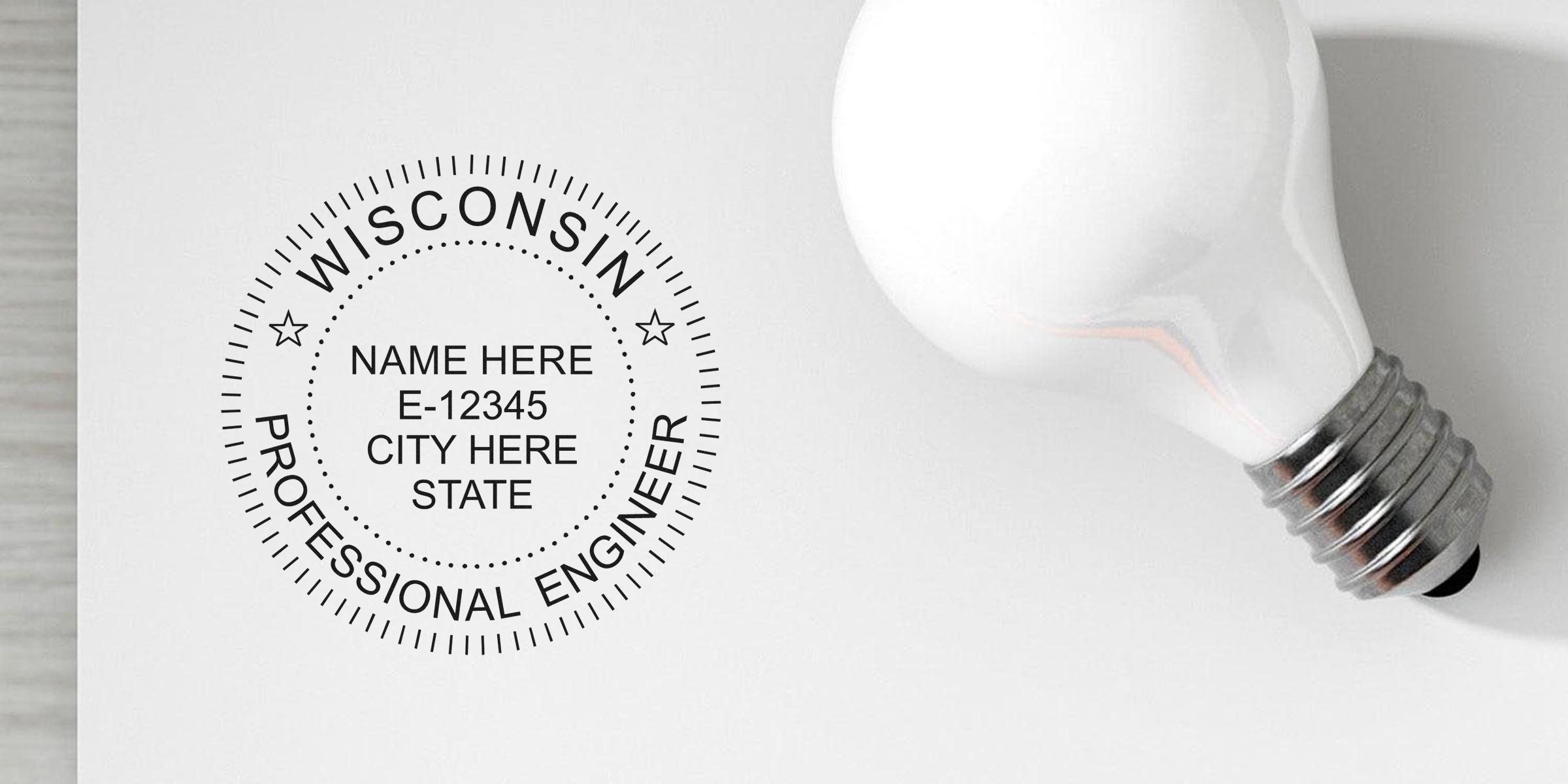 Wisconsin engineer seal with professional engineer stamp and light bulb design on a white background.