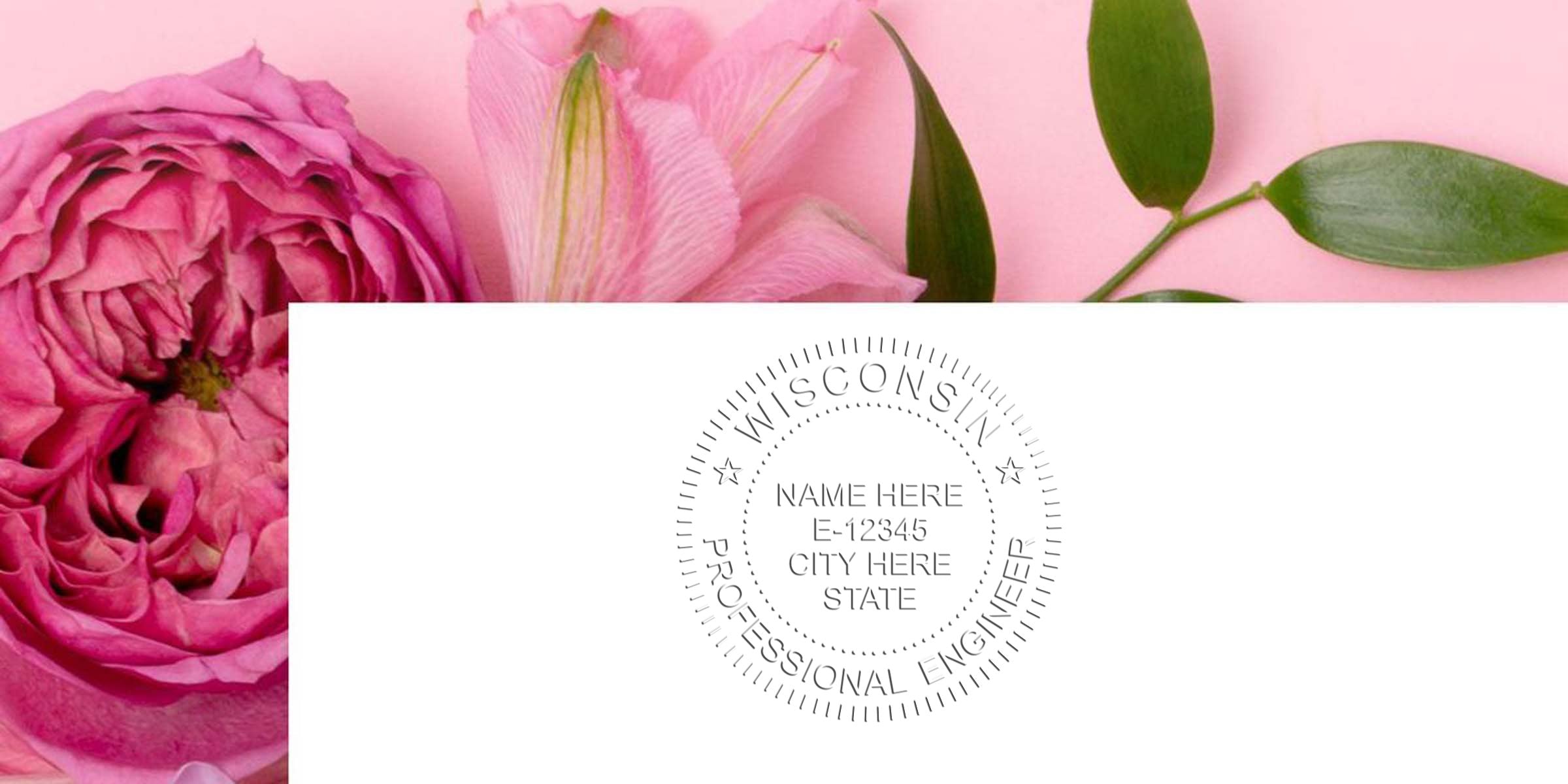 Wisconsin engineer seal embosser imprint on white paper with pink flowers and green leaves, highlighting a business upgrade tool.